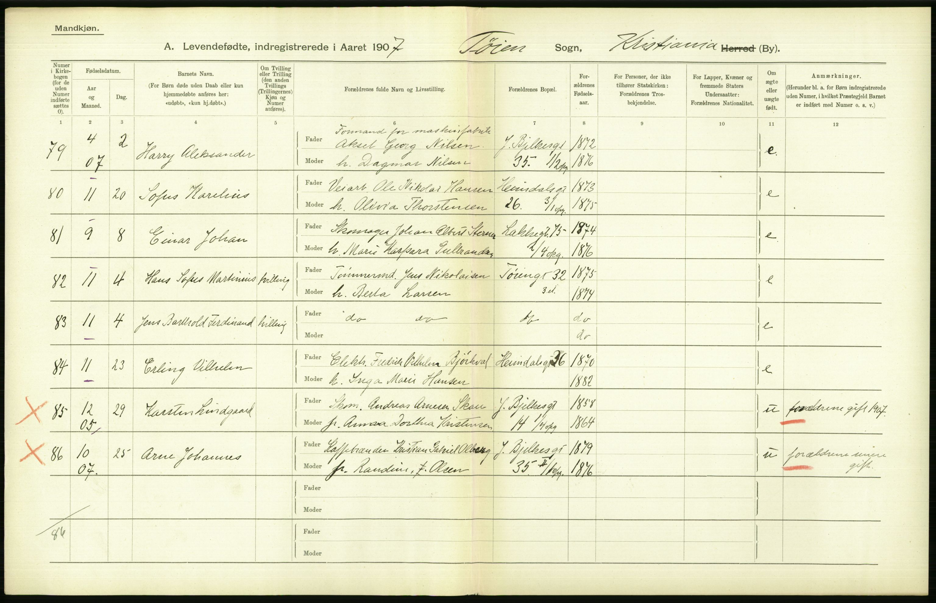 Statistisk sentralbyrå, Sosiodemografiske emner, Befolkning, AV/RA-S-2228/D/Df/Dfa/Dfae/L0007: Kristiania: Levendefødte menn og kvinner., 1907, p. 620