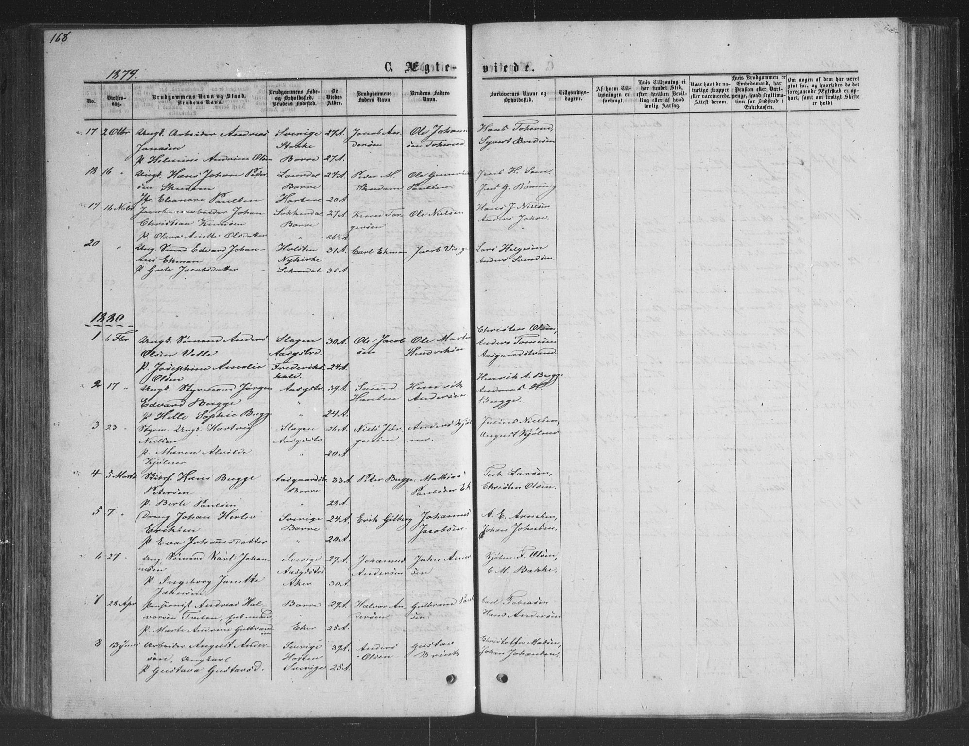 Borre kirkebøker, AV/SAKO-A-338/G/Ga/L0003: Parish register (copy) no. I 3, 1871-1892, p. 168