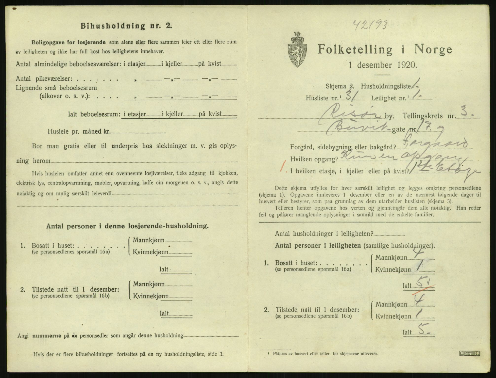 SAK, 1920 census for Risør, 1920, p. 2607