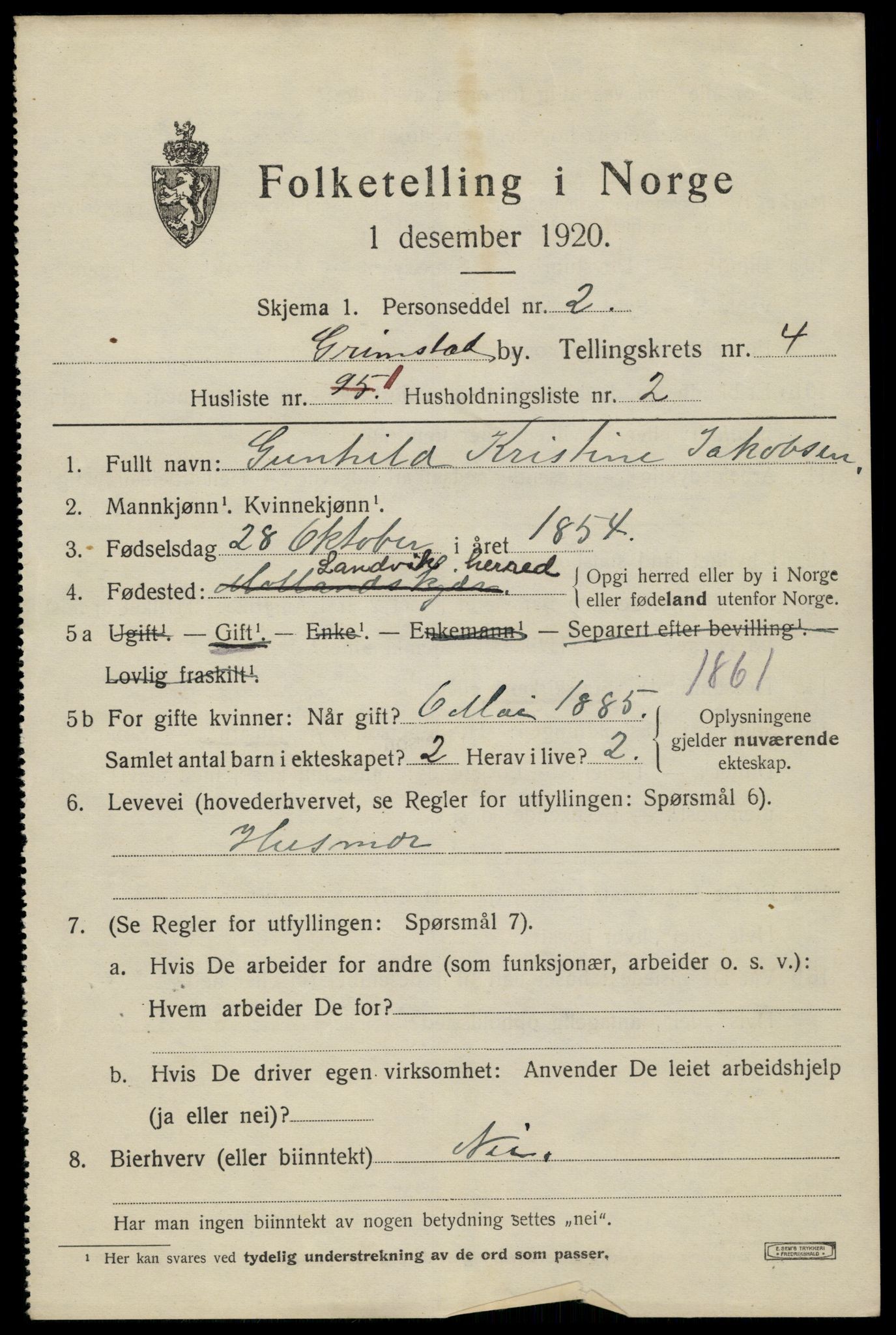 SAK, 1920 census for Grimstad, 1920, p. 5443