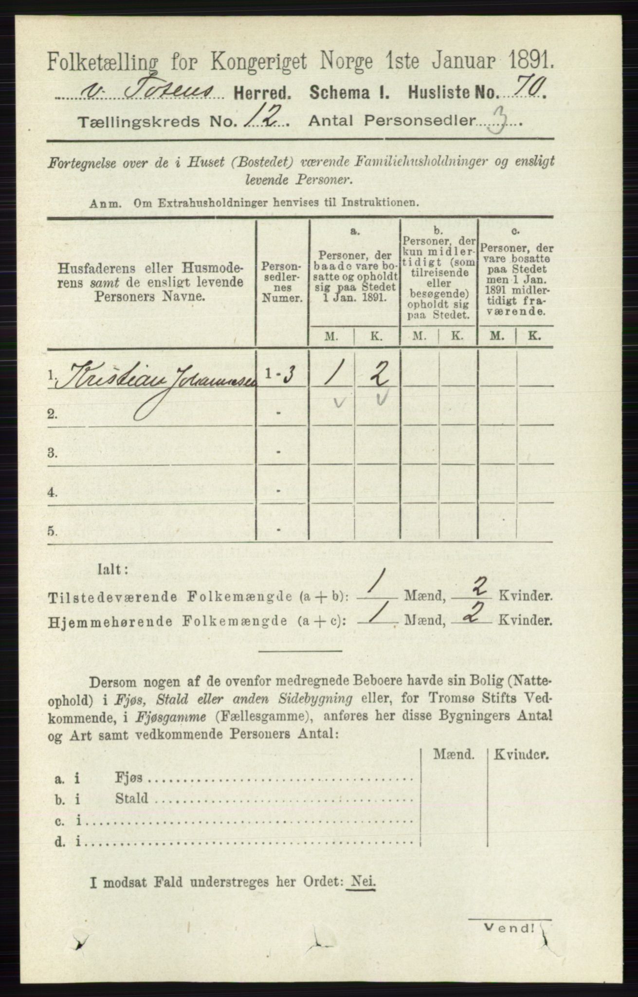 RA, 1891 census for 0529 Vestre Toten, 1891, p. 7270