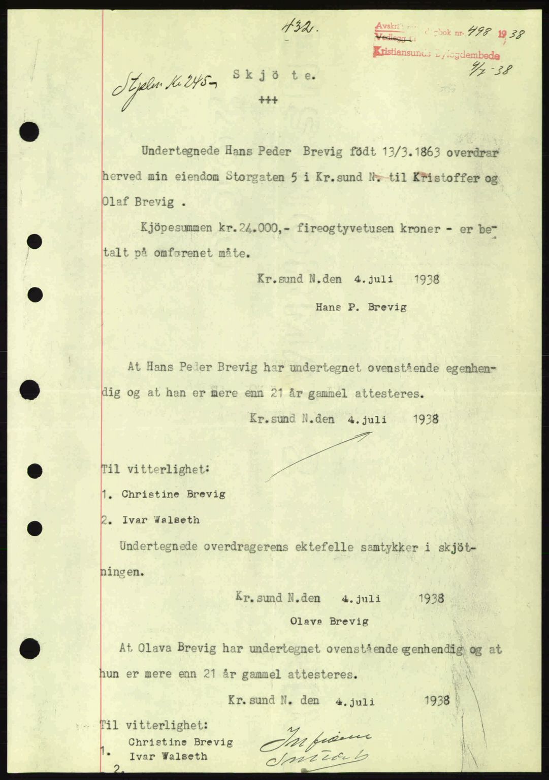 Kristiansund byfogd, AV/SAT-A-4587/A/27: Mortgage book no. 30, 1936-1941, Diary no: : 498/1938