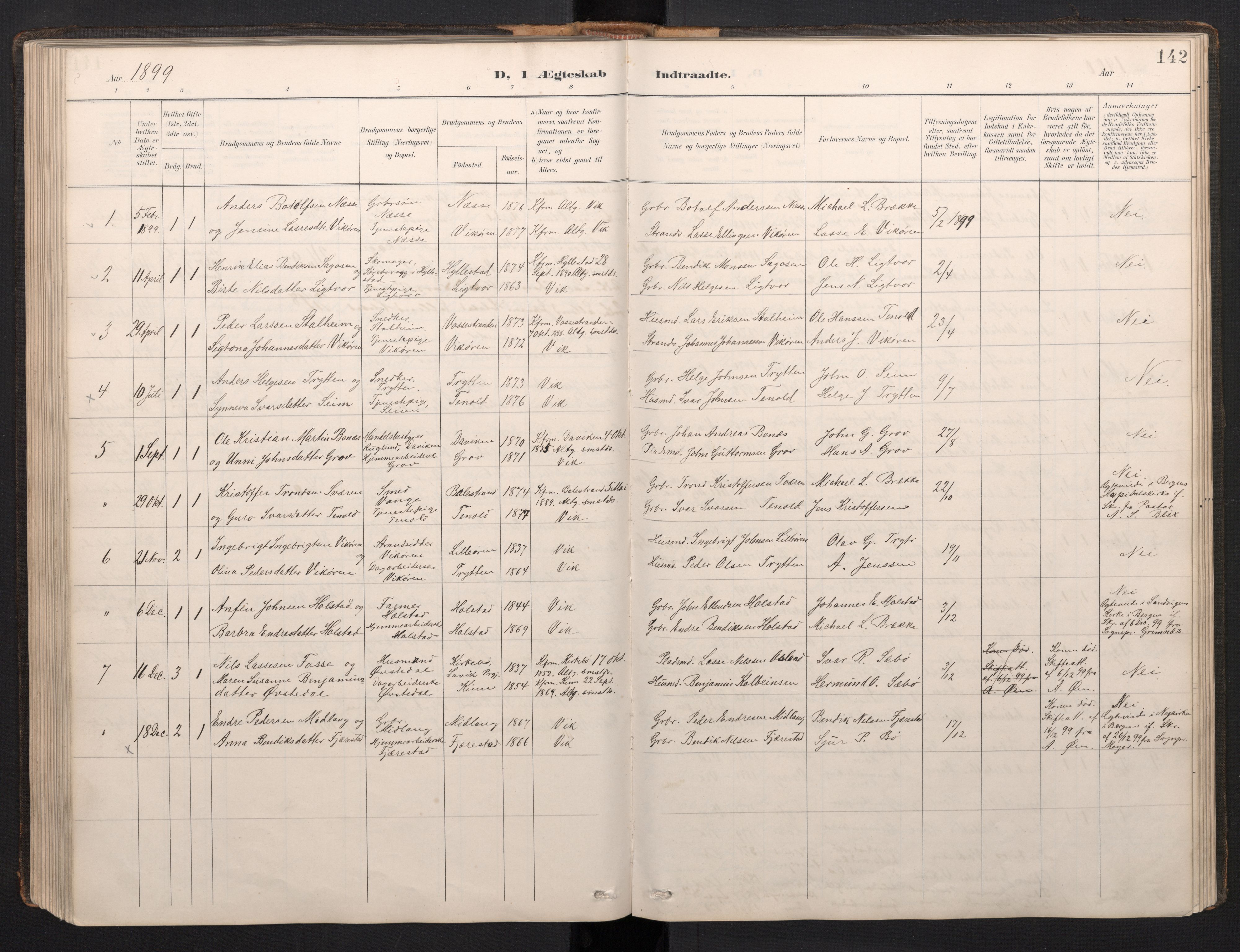 Vik sokneprestembete, SAB/A-81501: Parish register (copy) no. A 4, 1895-1914, p. 141b-142a