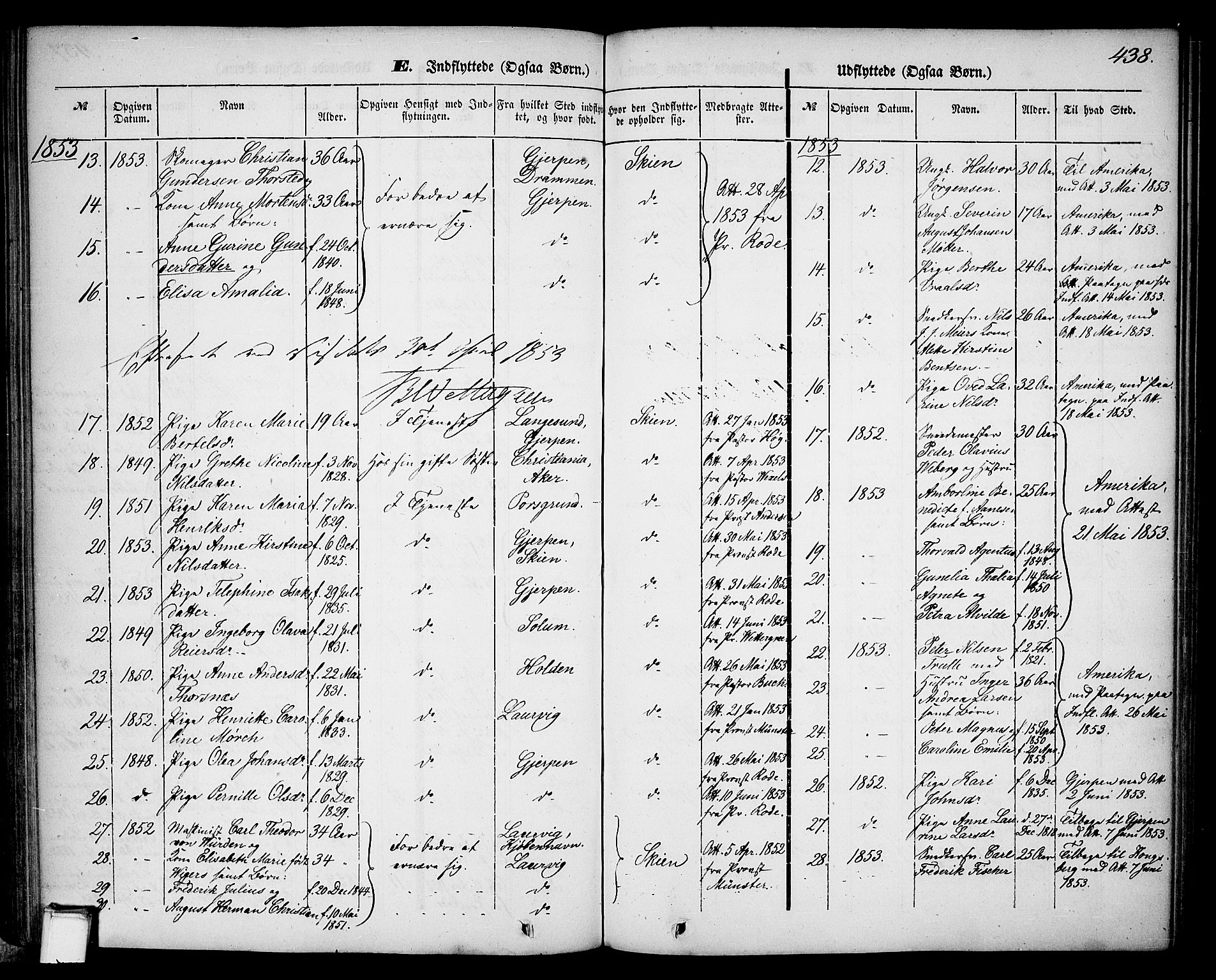 Skien kirkebøker, SAKO/A-302/G/Ga/L0004: Parish register (copy) no. 4, 1843-1867, p. 438