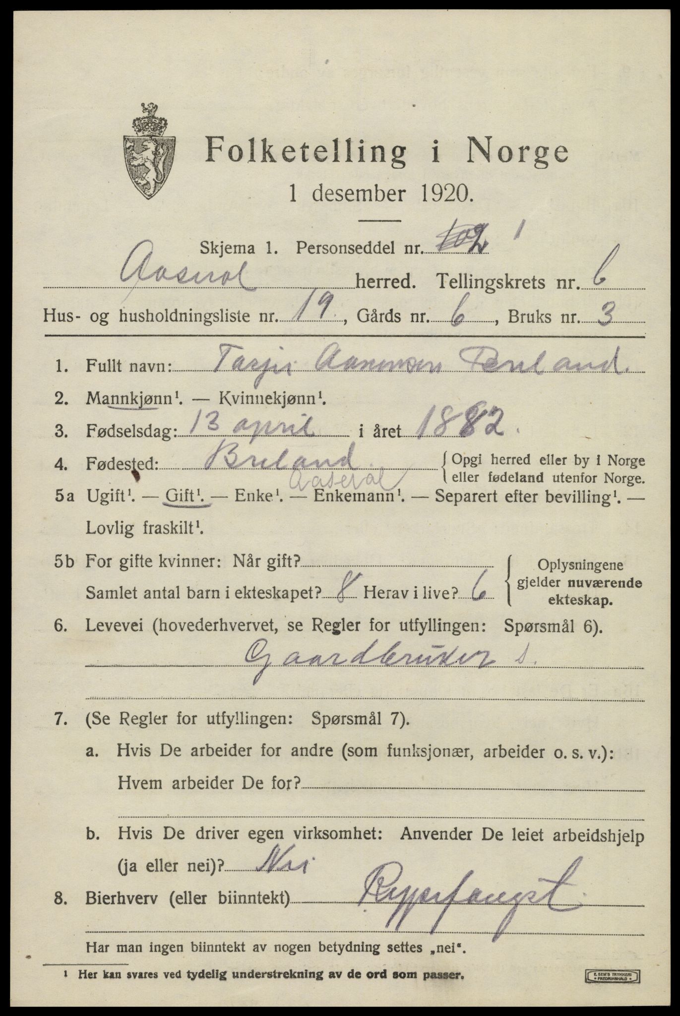 SAK, 1920 census for Åseral, 1920, p. 2000