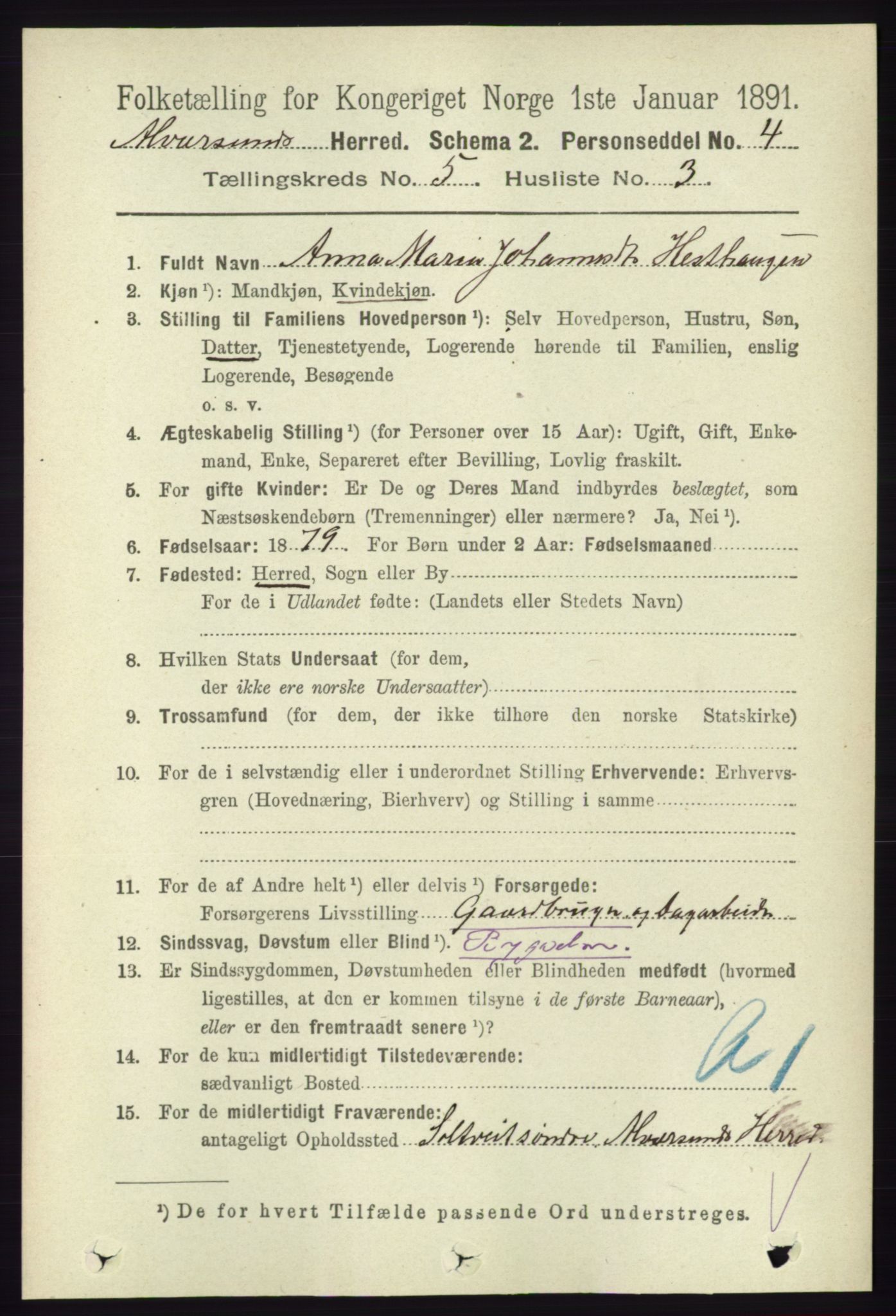 RA, 1891 census for 1257 Alversund, 1891, p. 1809