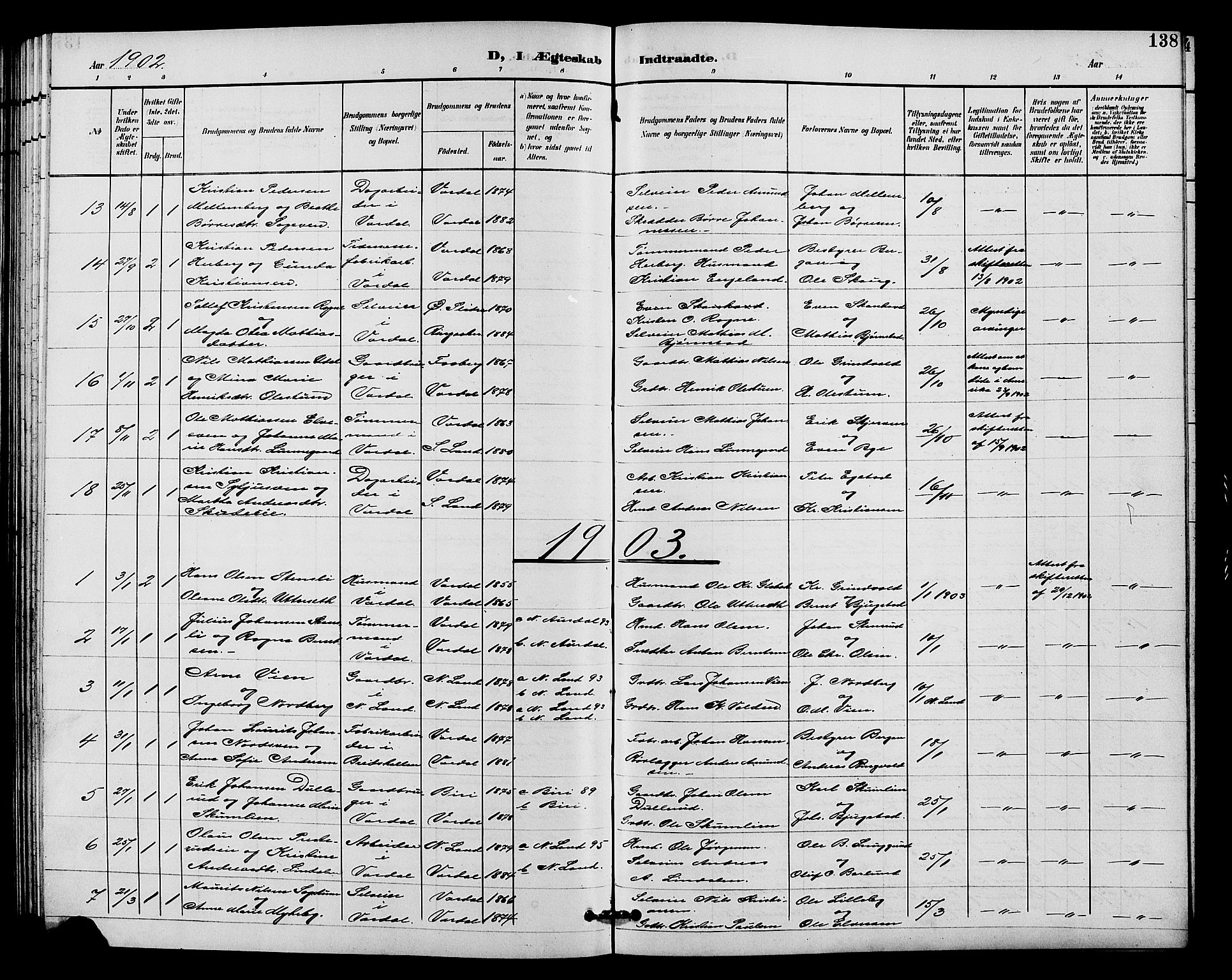 Vardal prestekontor, SAH/PREST-100/H/Ha/Hab/L0011: Parish register (copy) no. 11, 1899-1913, p. 138