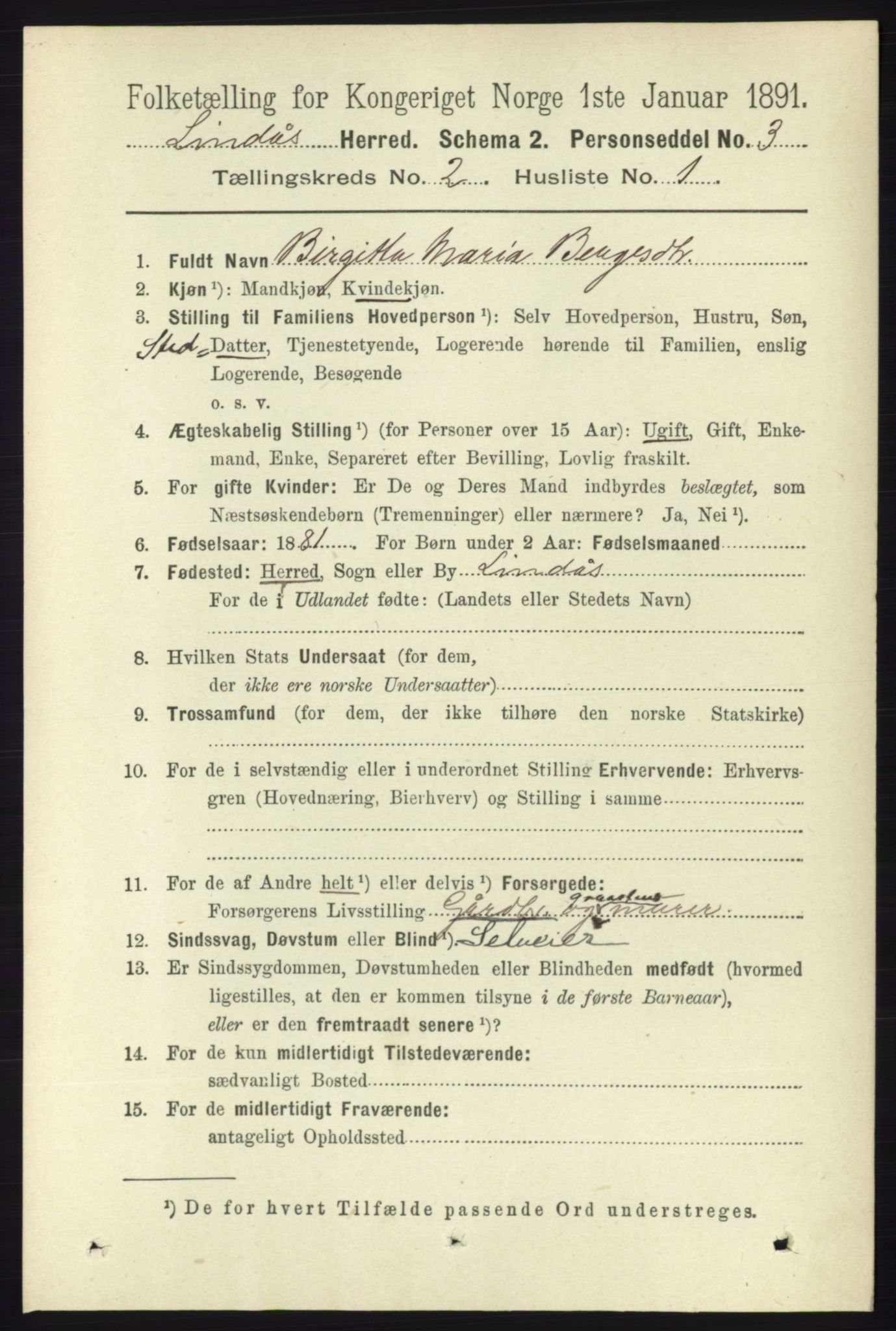 RA, 1891 census for 1263 Lindås, 1891, p. 431