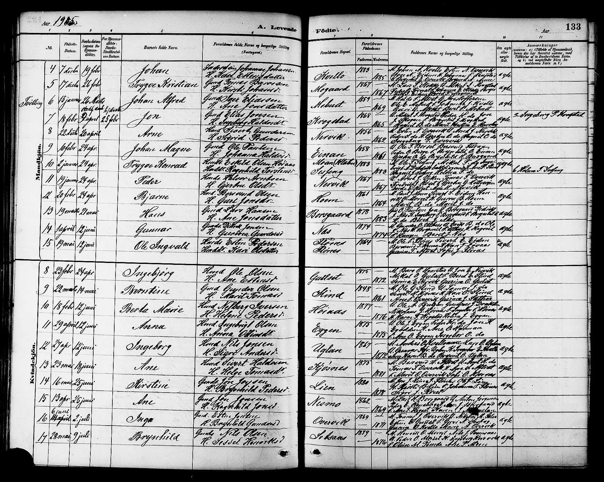 Ministerialprotokoller, klokkerbøker og fødselsregistre - Sør-Trøndelag, SAT/A-1456/695/L1157: Parish register (copy) no. 695C08, 1889-1913, p. 133