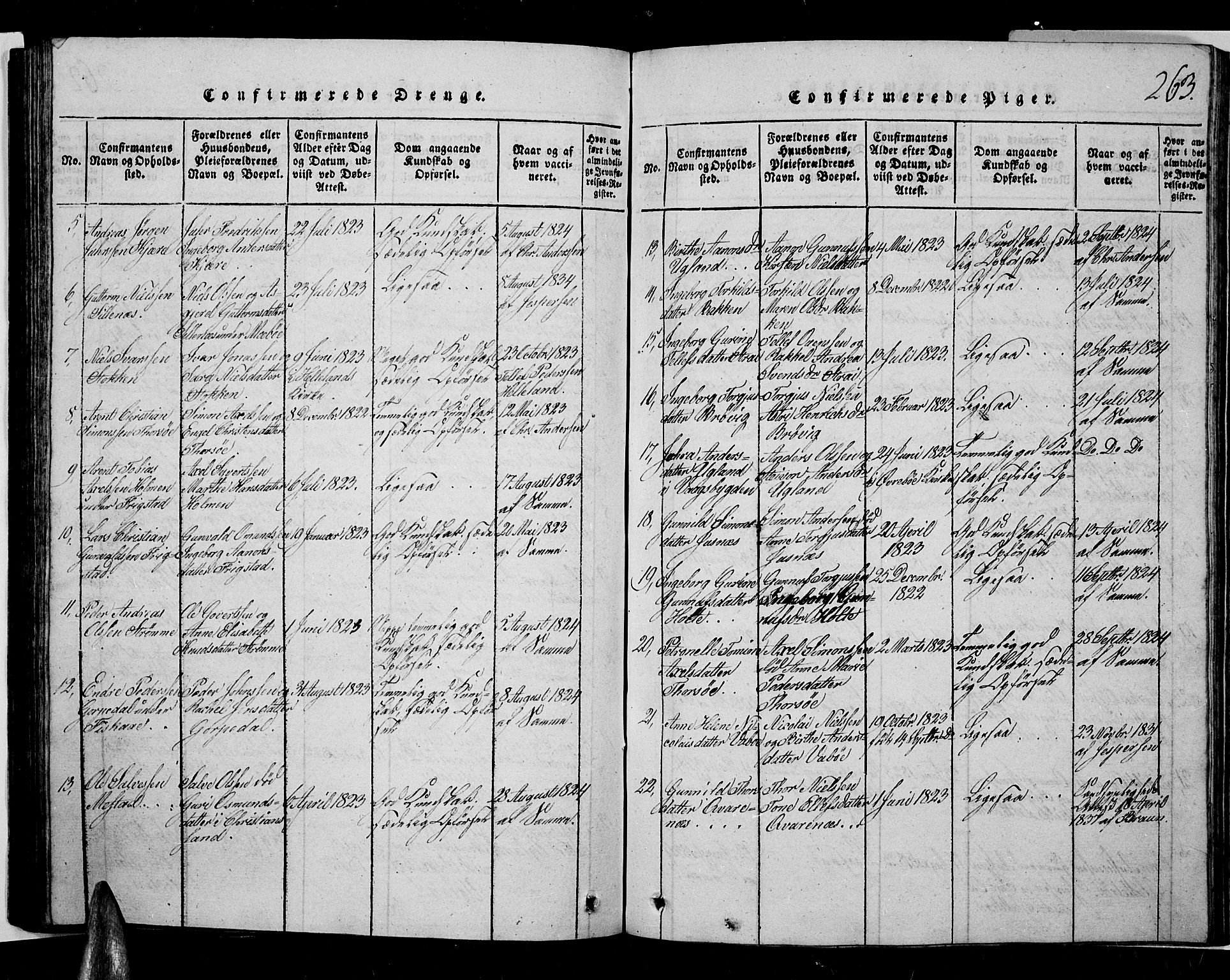Oddernes sokneprestkontor, SAK/1111-0033/F/Fb/Fba/L0003: Parish register (copy) no. B 3, 1820-1838, p. 263