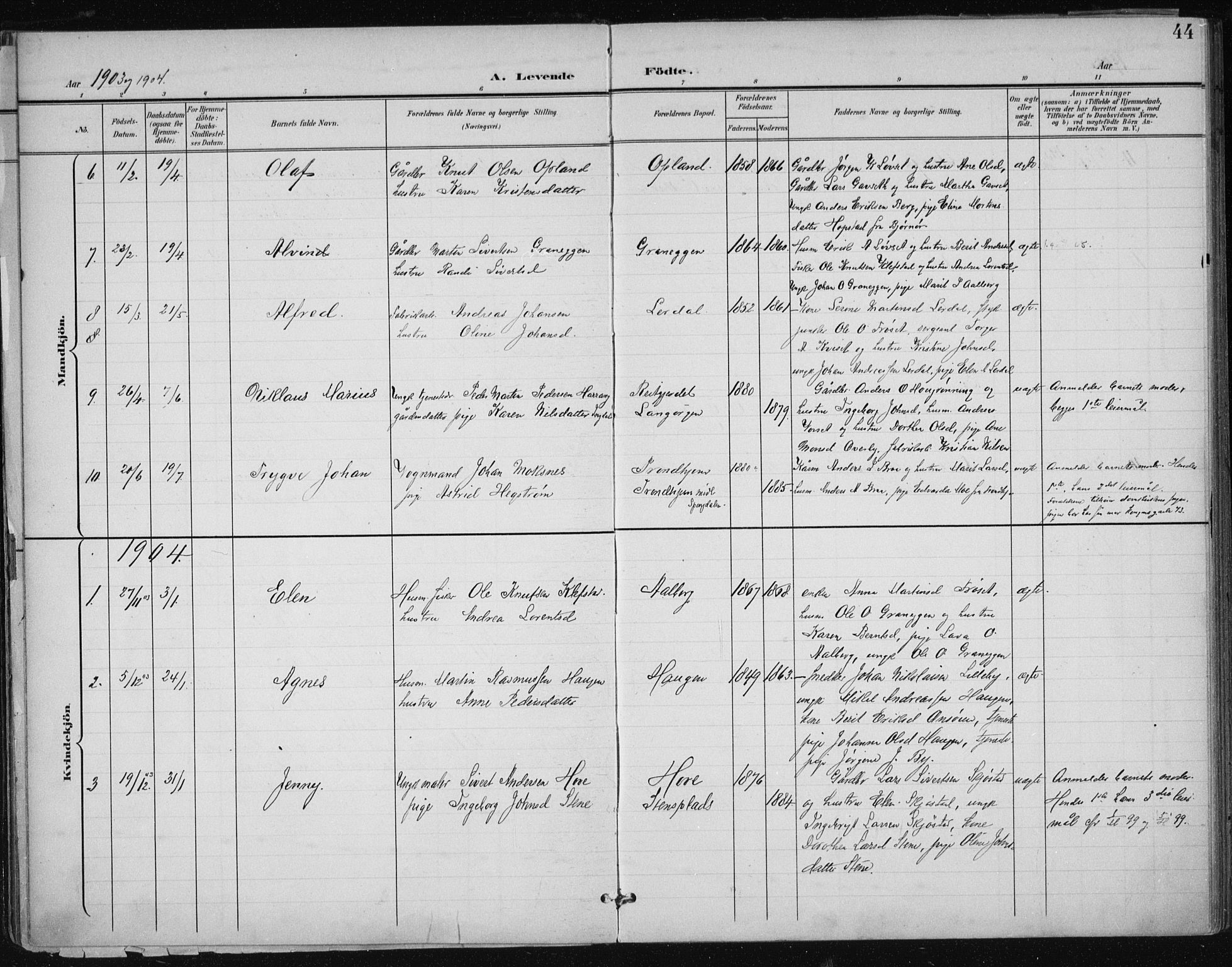 Ministerialprotokoller, klokkerbøker og fødselsregistre - Sør-Trøndelag, SAT/A-1456/612/L0380: Parish register (official) no. 612A12, 1898-1907, p. 44