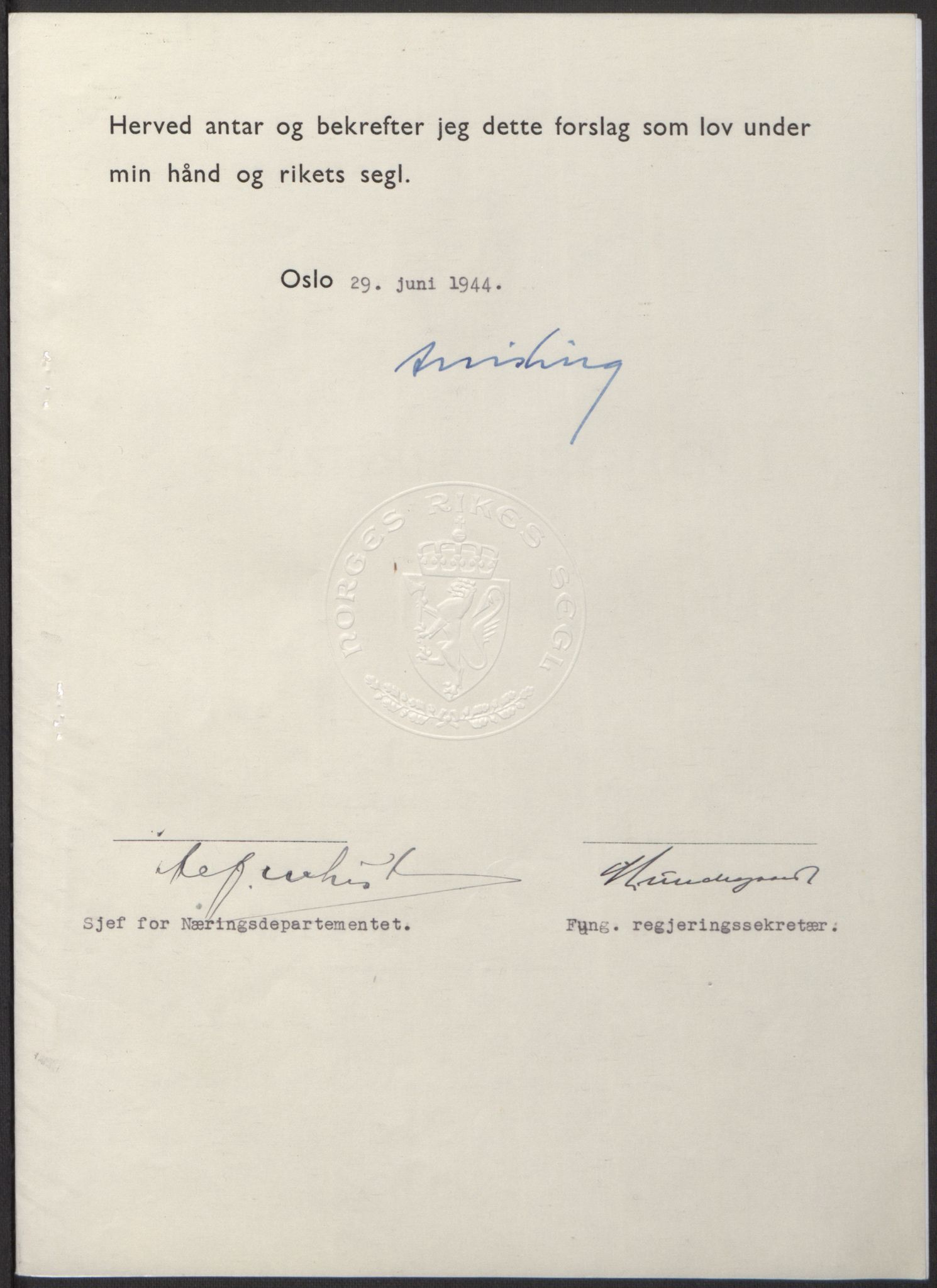 NS-administrasjonen 1940-1945 (Statsrådsekretariatet, de kommisariske statsråder mm), RA/S-4279/D/Db/L0100: Lover, 1944, p. 302