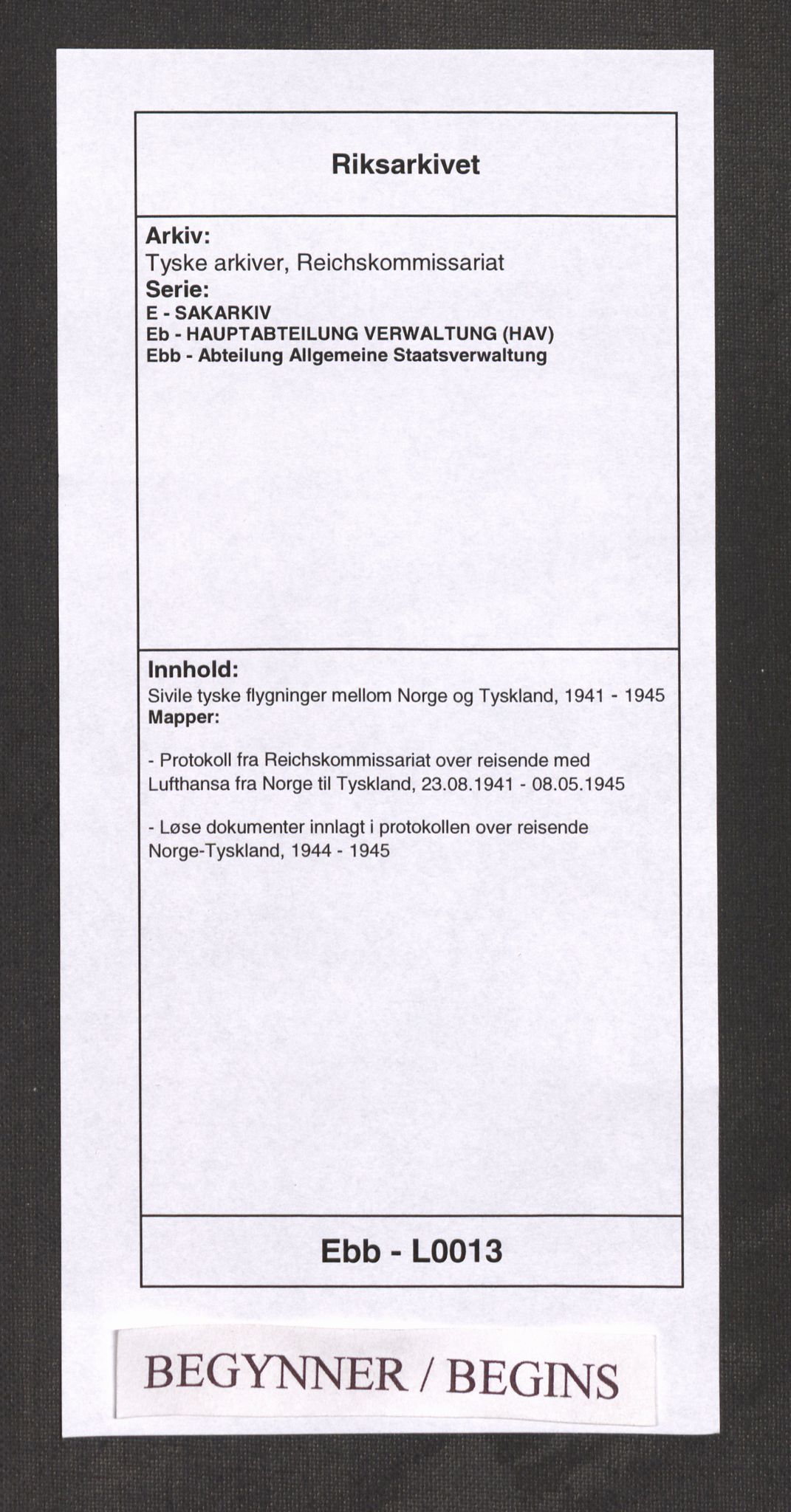 Tyske arkiver, Reichskommissariat, AV/RA-RAFA-2174/E/Eb/Ebb/L0013: Sivile tyske flygninger mellom Norge og Tyskland, 1941-1945