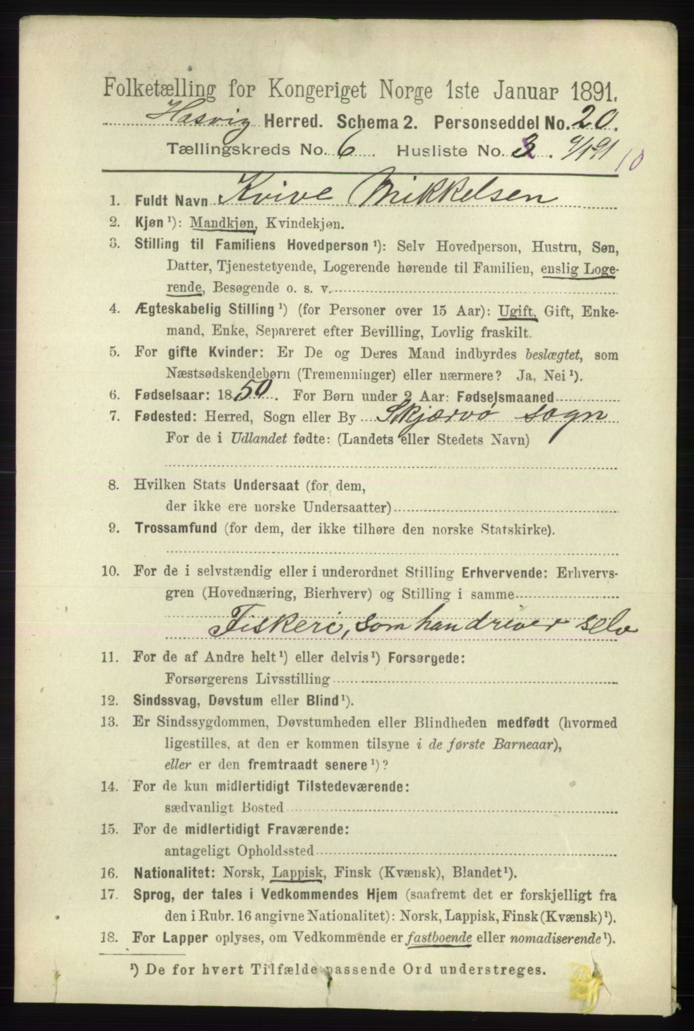 RA, 1891 census for 2015 Hasvik, 1891, p. 960