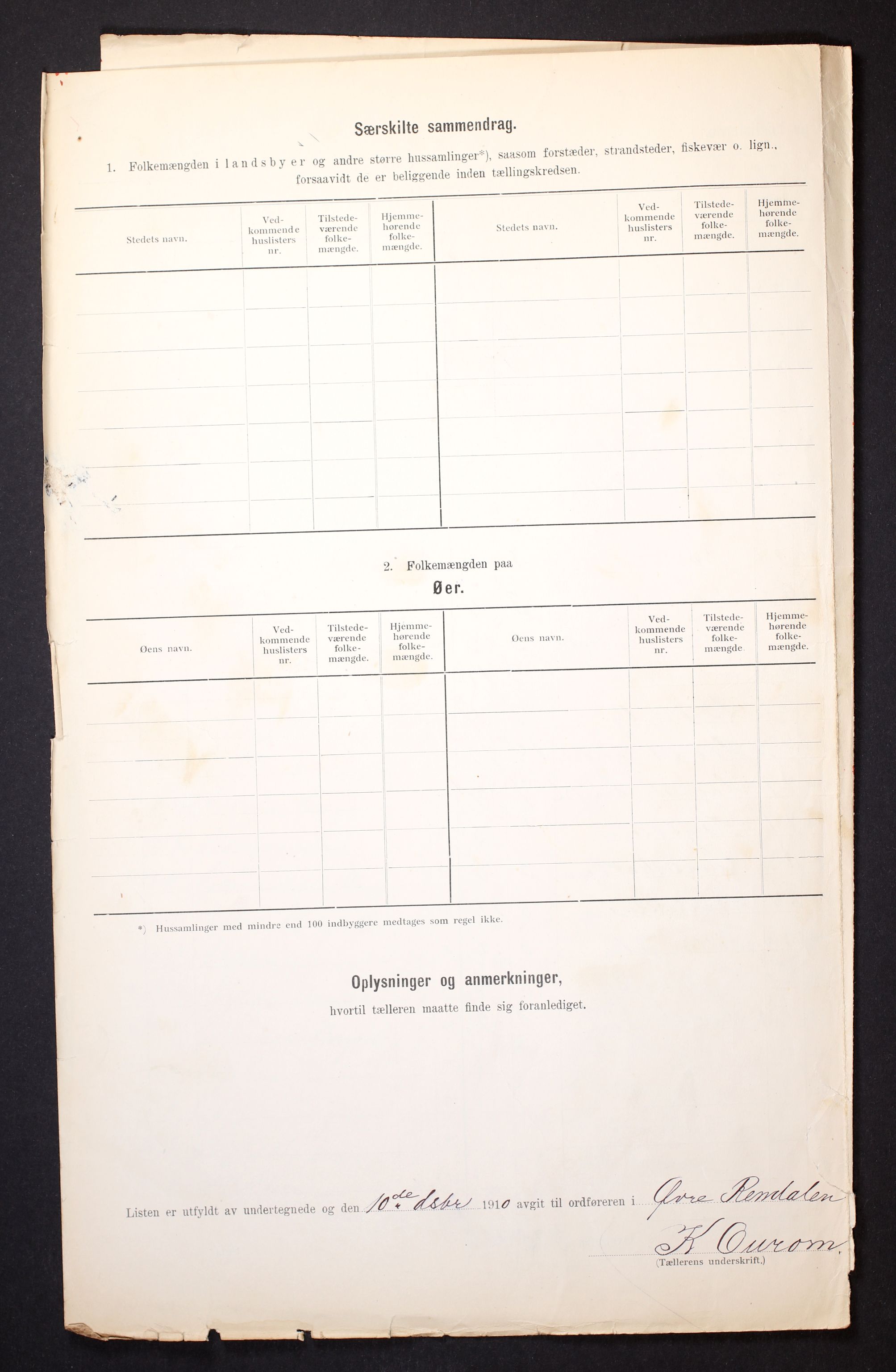 RA, 1910 census for Øvre Rendal, 1910, p. 6