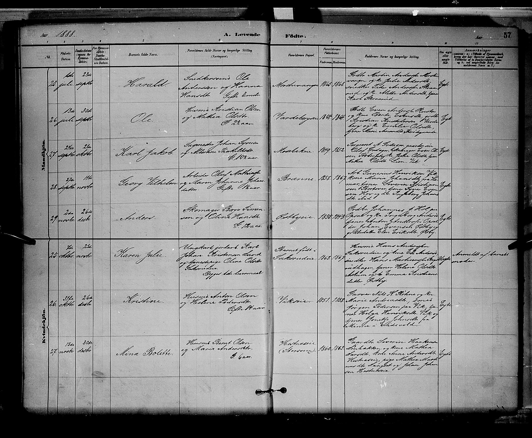 Stange prestekontor, AV/SAH-PREST-002/L/L0008: Parish register (copy) no. 8, 1882-1895, p. 57