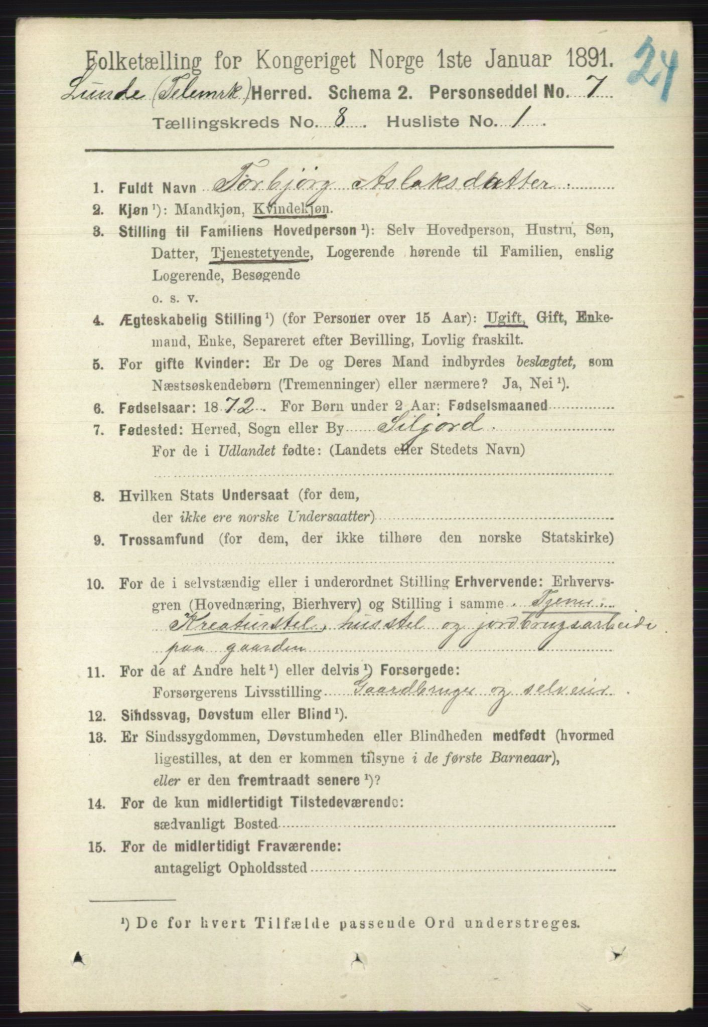 RA, 1891 census for 0820 Lunde, 1891, p. 2380