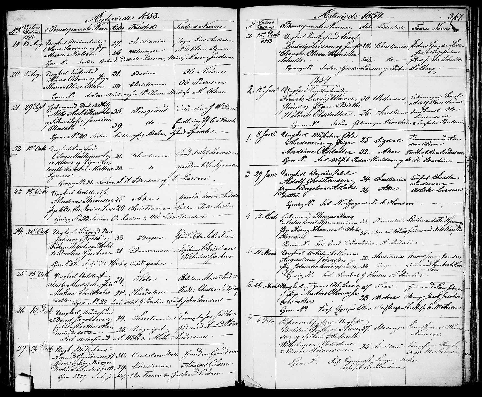 Garnisonsmenigheten Kirkebøker, SAO/A-10846/G/Ga/L0005: Parish register (copy) no. 5, 1841-1860, p. 367