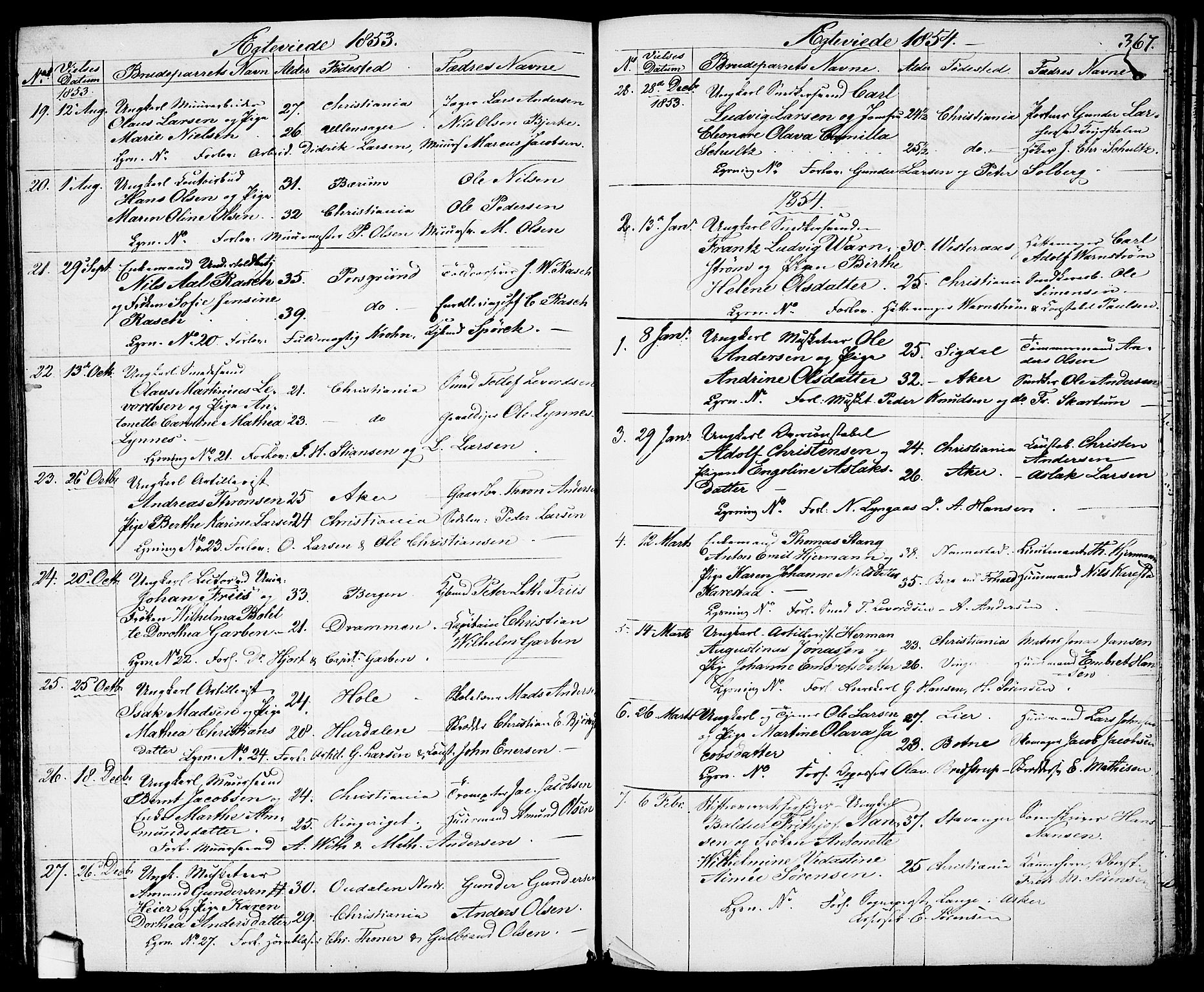 Garnisonsmenigheten Kirkebøker, AV/SAO-A-10846/G/Ga/L0005: Parish register (copy) no. 5, 1841-1860, p. 367