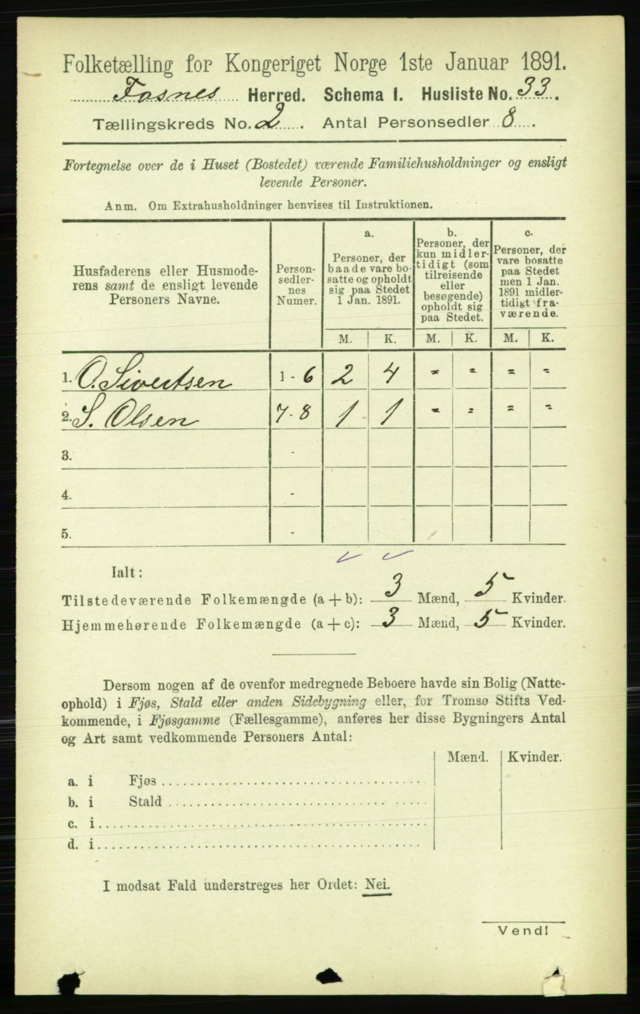 RA, 1891 census for 1748 Fosnes, 1891, p. 397