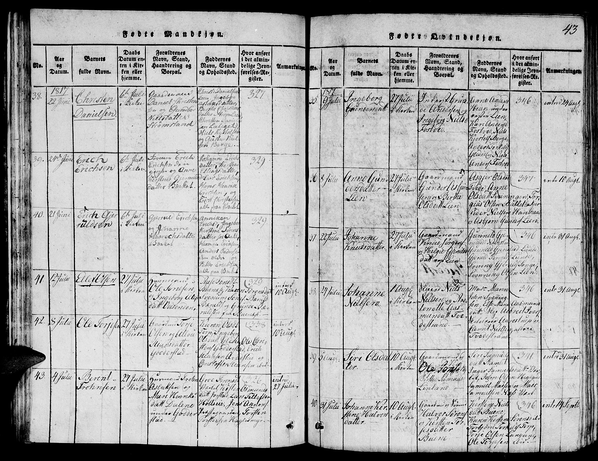 Holt sokneprestkontor, SAK/1111-0021/F/Fb/L0006: Parish register (copy) no. B 6, 1813-1823, p. 43