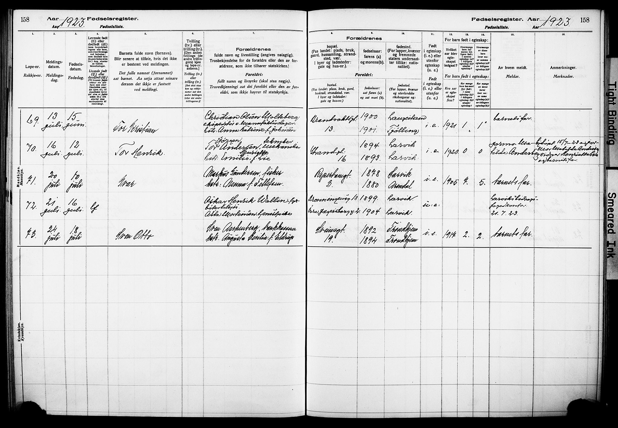 Larvik kirkebøker, AV/SAKO-A-352/J/Ja/L0001: Birth register no. I 1, 1916-1926, p. 158