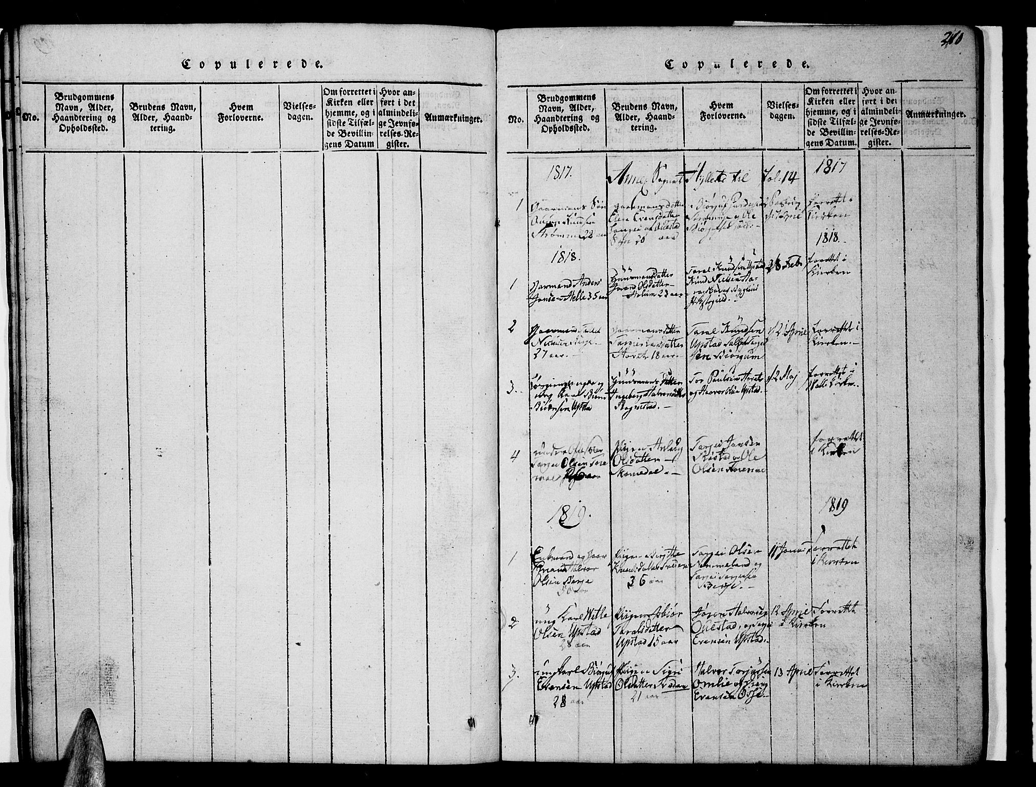 Valle sokneprestkontor, SAK/1111-0044/F/Fb/Fbc/L0001: Parish register (copy) no. B 1 /2, 1816-1829, p. 210