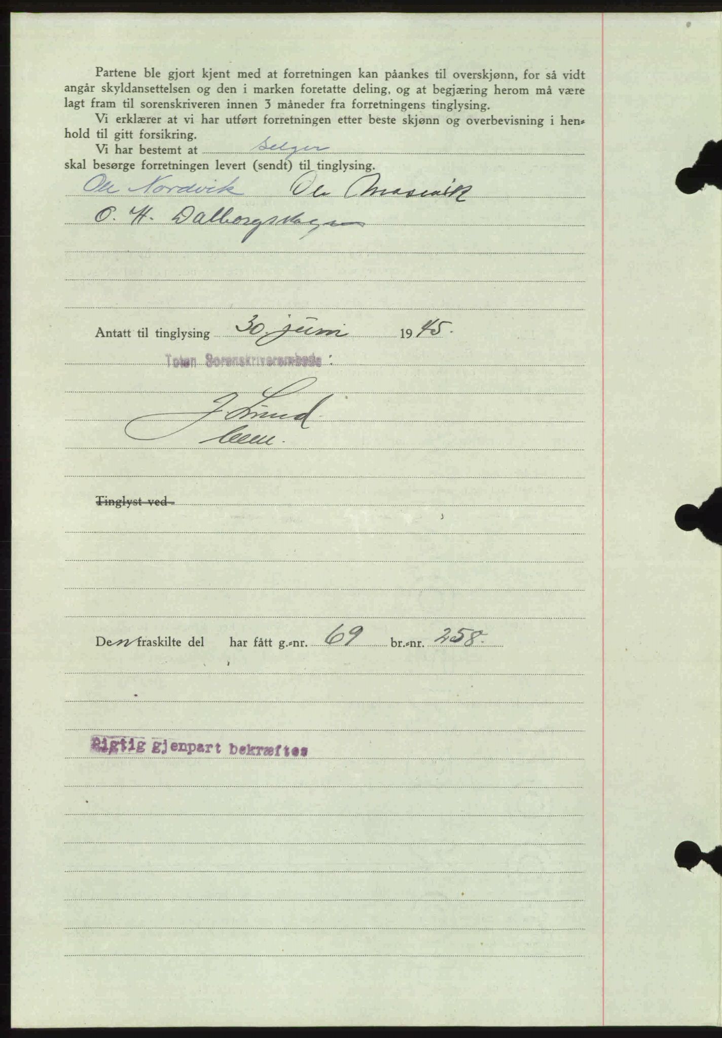 Toten tingrett, SAH/TING-006/H/Hb/Hbc/L0013: Mortgage book no. Hbc-13, 1945-1945, Diary no: : 968/1945