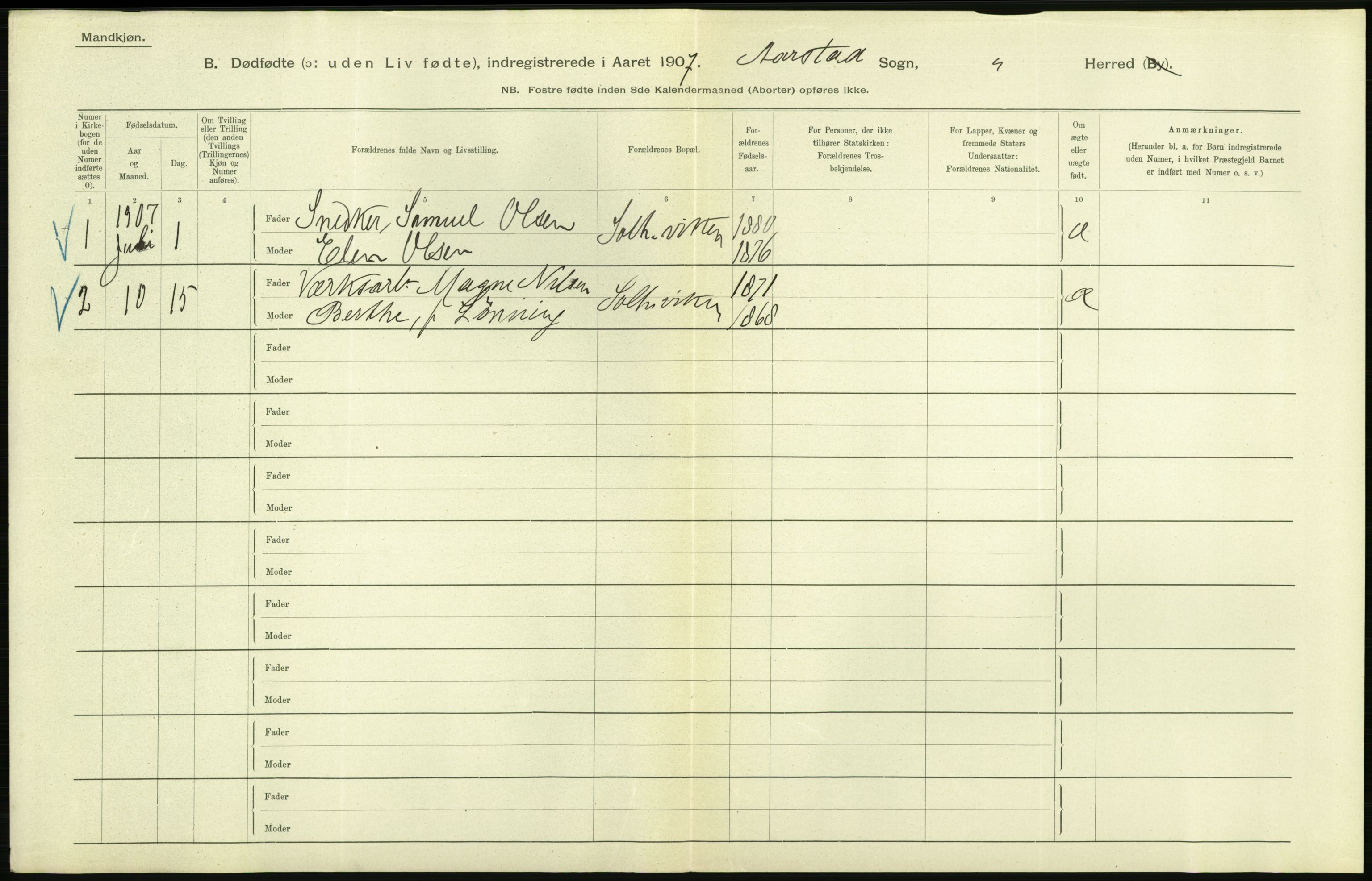 Statistisk sentralbyrå, Sosiodemografiske emner, Befolkning, RA/S-2228/D/Df/Dfa/Dfae/L0029: S. Bergenhus amt: Gifte, dødfødte. Bygder., 1907, p. 302