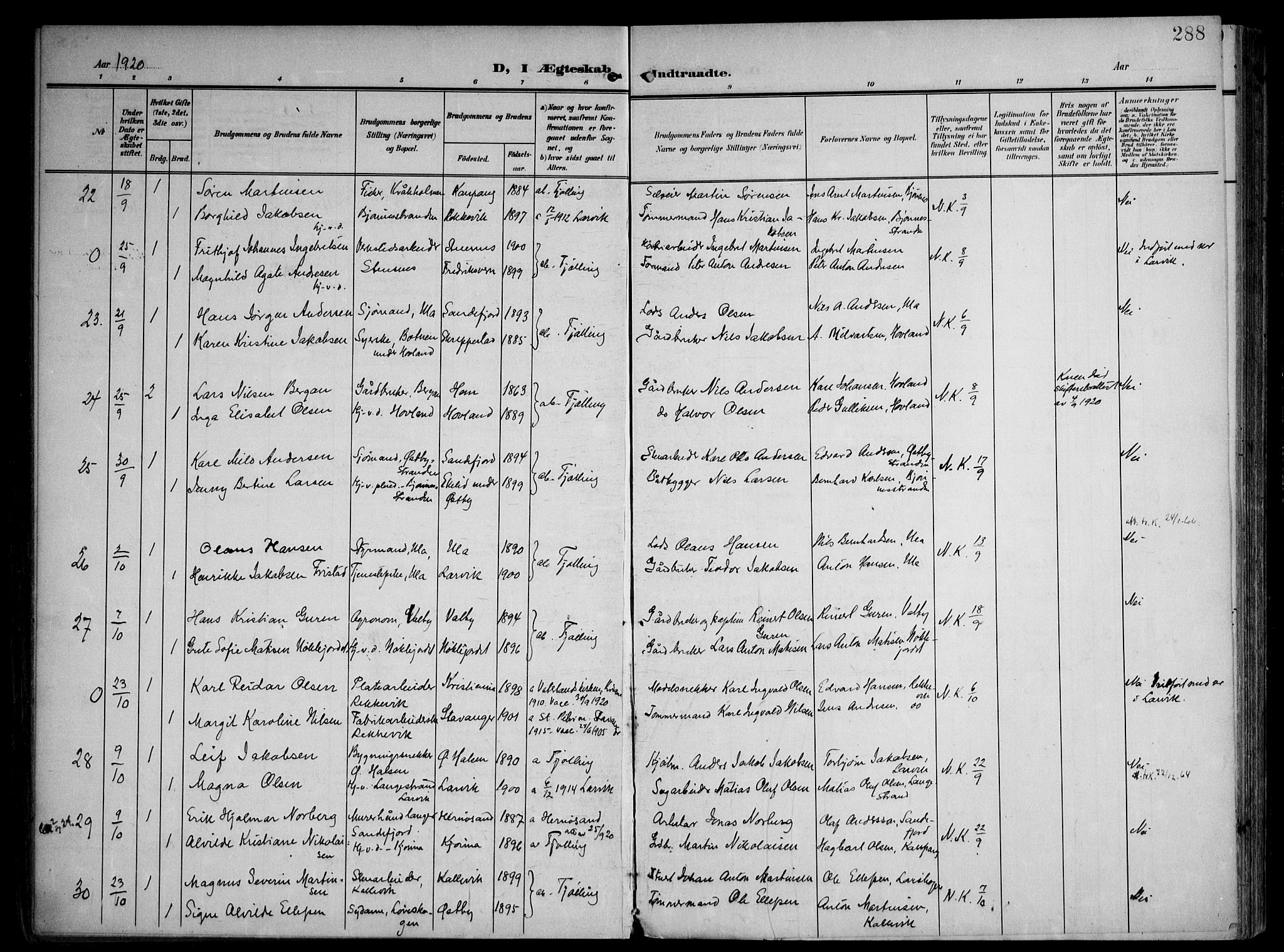 Tjølling kirkebøker, AV/SAKO-A-60/F/Fa/L0010: Parish register (official) no. 10, 1906-1923, p. 288