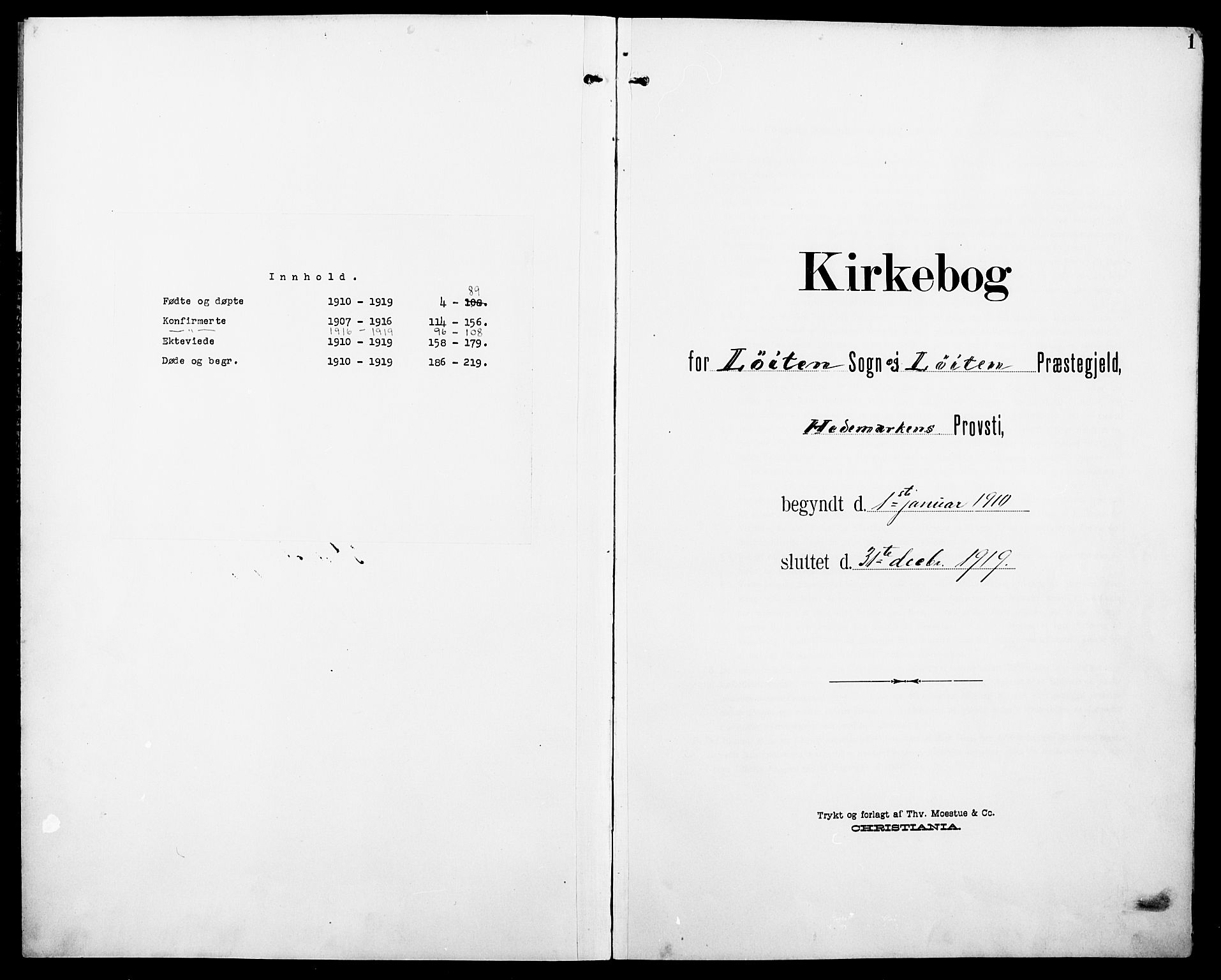 Løten prestekontor, SAH/PREST-022/L/La/L0007: Parish register (copy) no. 7, 1910-1919, p. 1