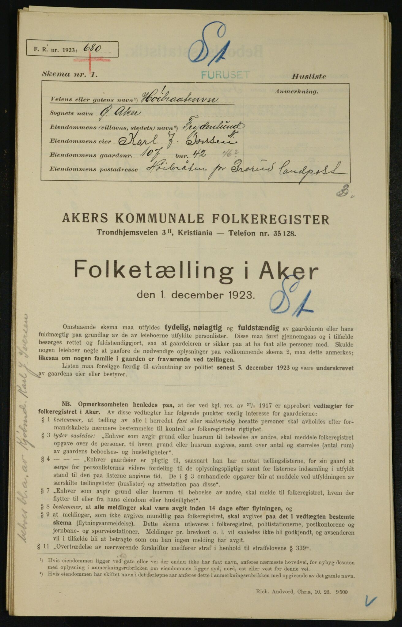 , Municipal Census 1923 for Aker, 1923, p. 24270