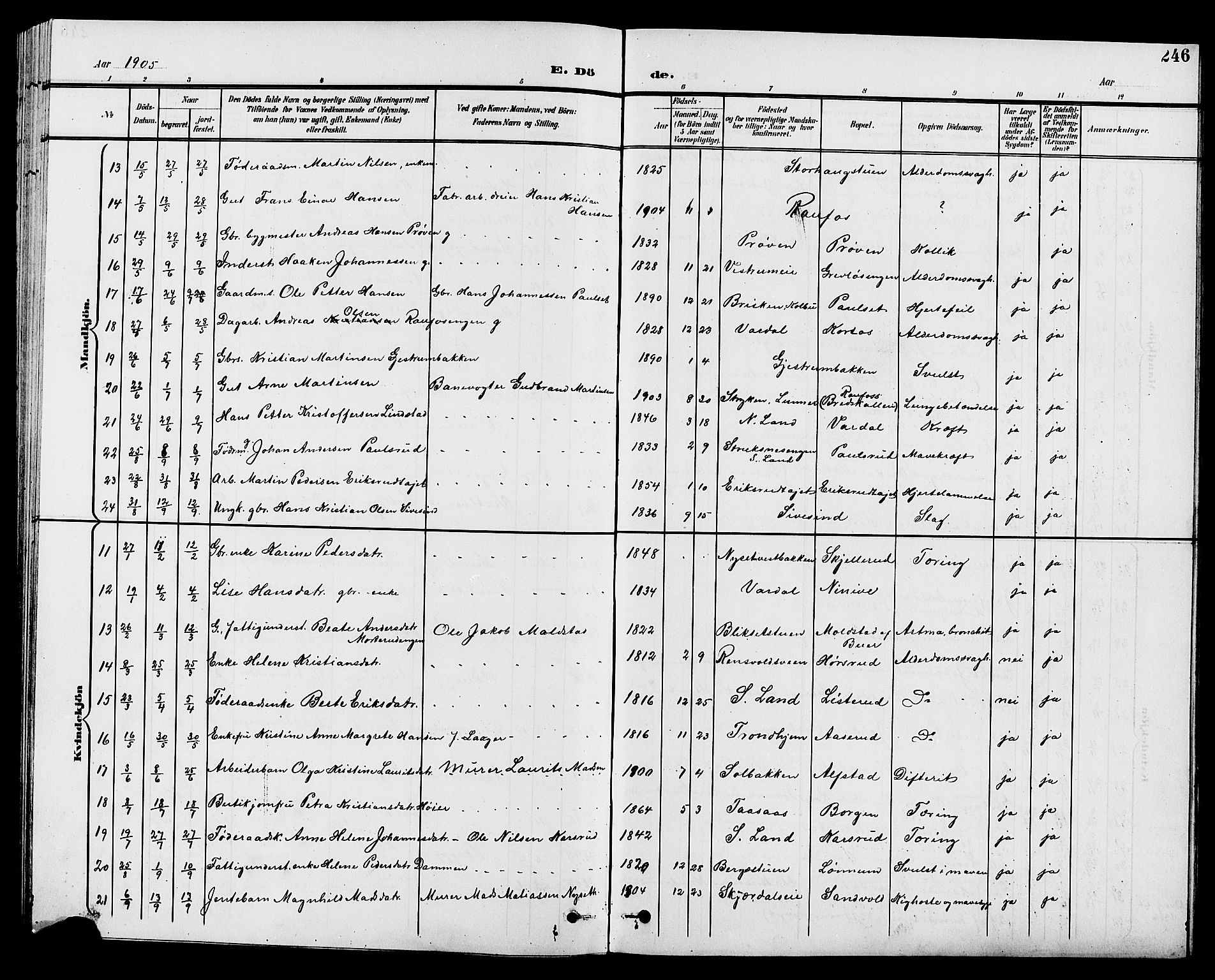 Vestre Toten prestekontor, AV/SAH-PREST-108/H/Ha/Hab/L0010: Parish register (copy) no. 10, 1900-1912, p. 246