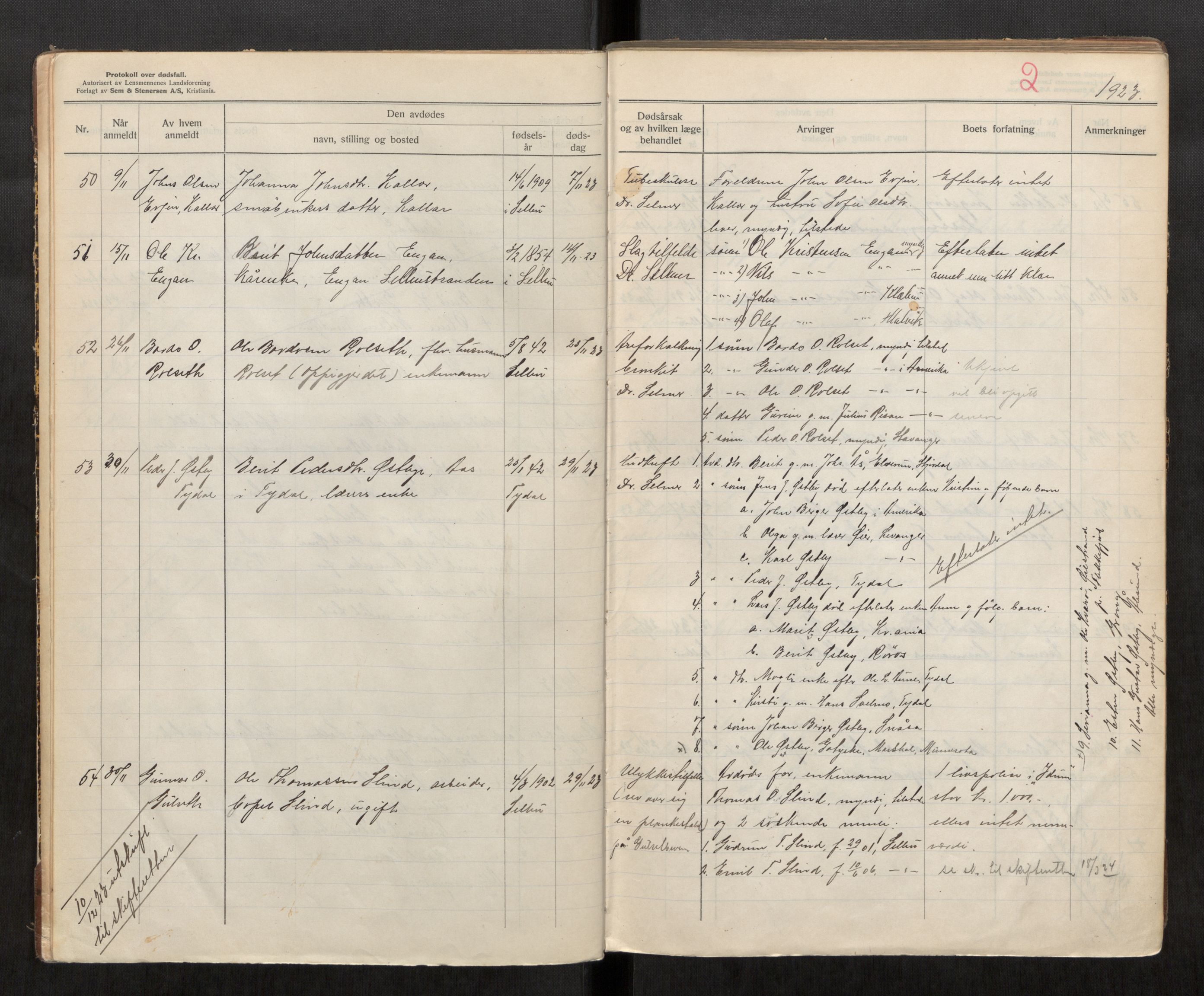 Selbu lensmannskontor, AV/SAT-A-1081/2/G/Ga/L0002: Dødsfallsprotokoll, 1923-1930, p. 2