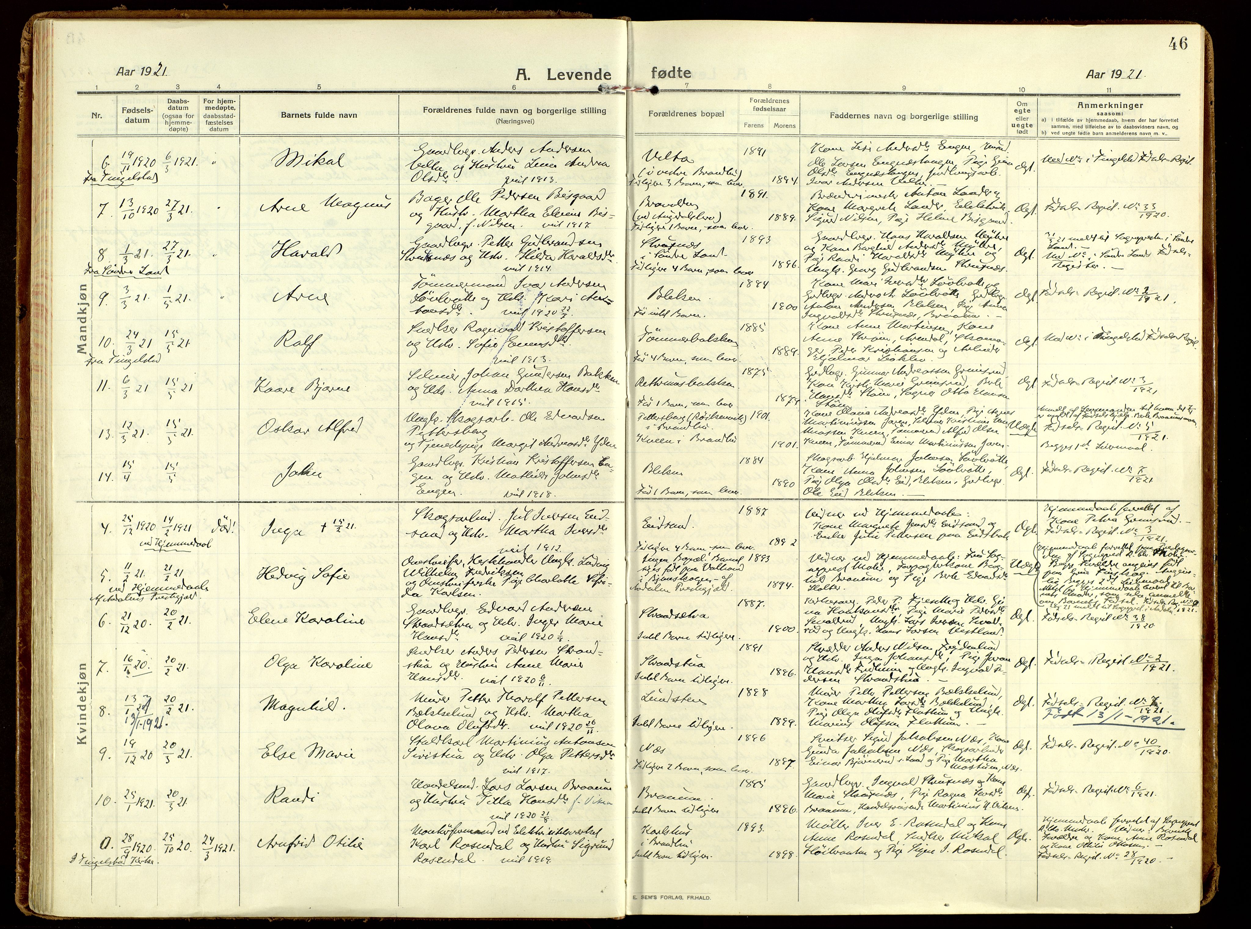 Brandbu prestekontor, AV/SAH-PREST-114/H/Ha/Haa/L0004: Parish register (official) no. 4, 1913-1923, p. 46