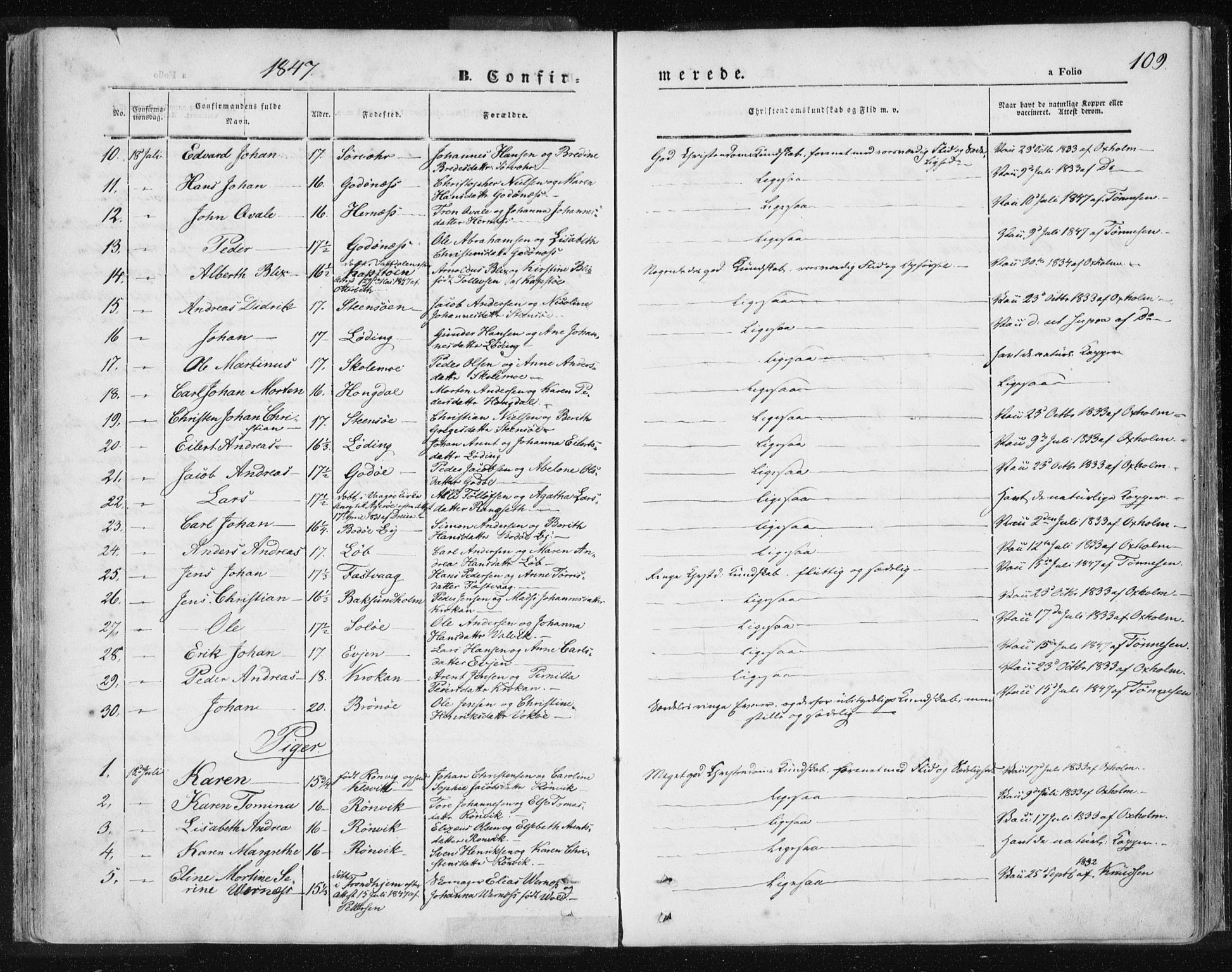 Ministerialprotokoller, klokkerbøker og fødselsregistre - Nordland, SAT/A-1459/801/L0007: Parish register (official) no. 801A07, 1845-1863, p. 109