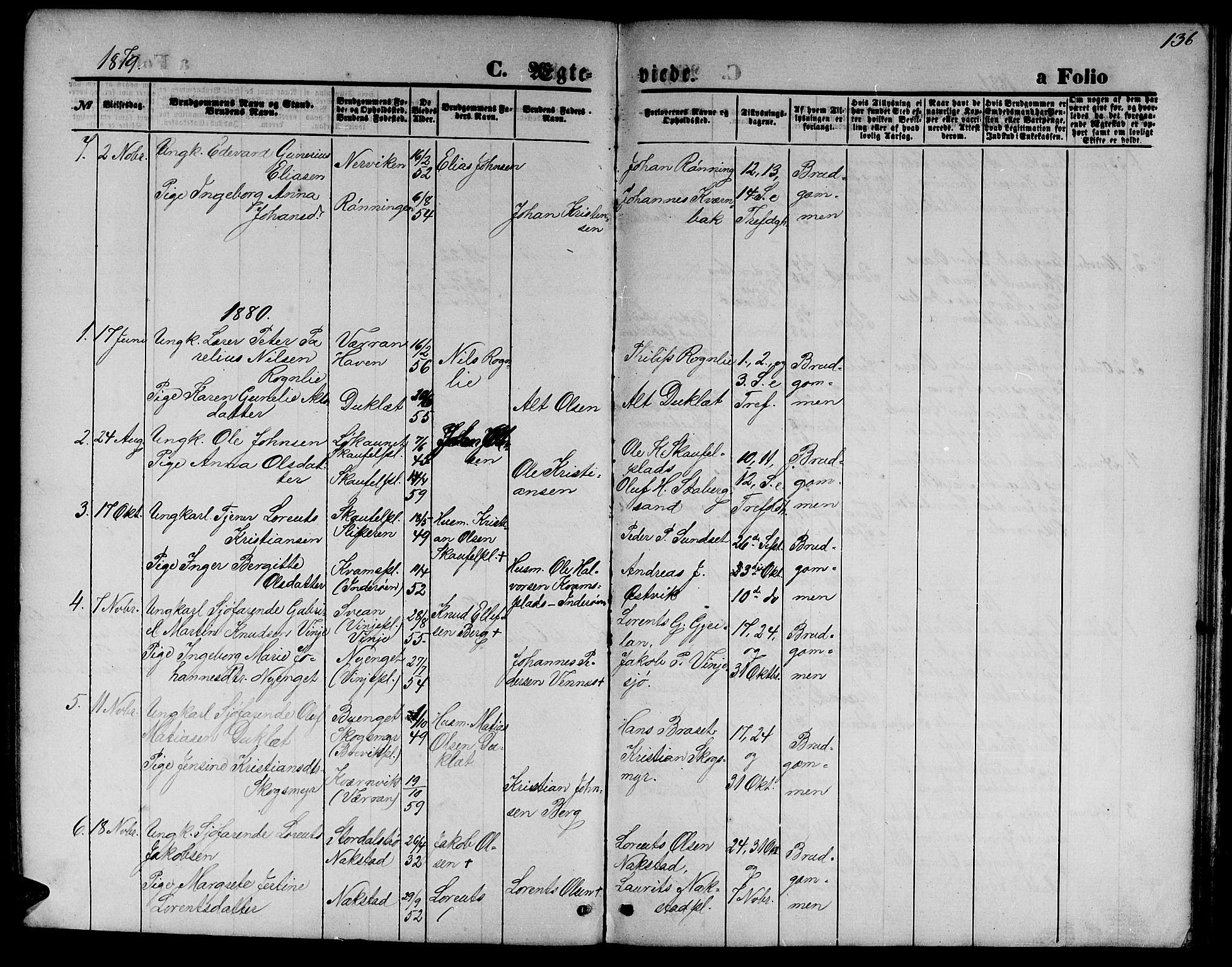 Ministerialprotokoller, klokkerbøker og fødselsregistre - Nord-Trøndelag, AV/SAT-A-1458/733/L0326: Parish register (copy) no. 733C01, 1871-1887, p. 136