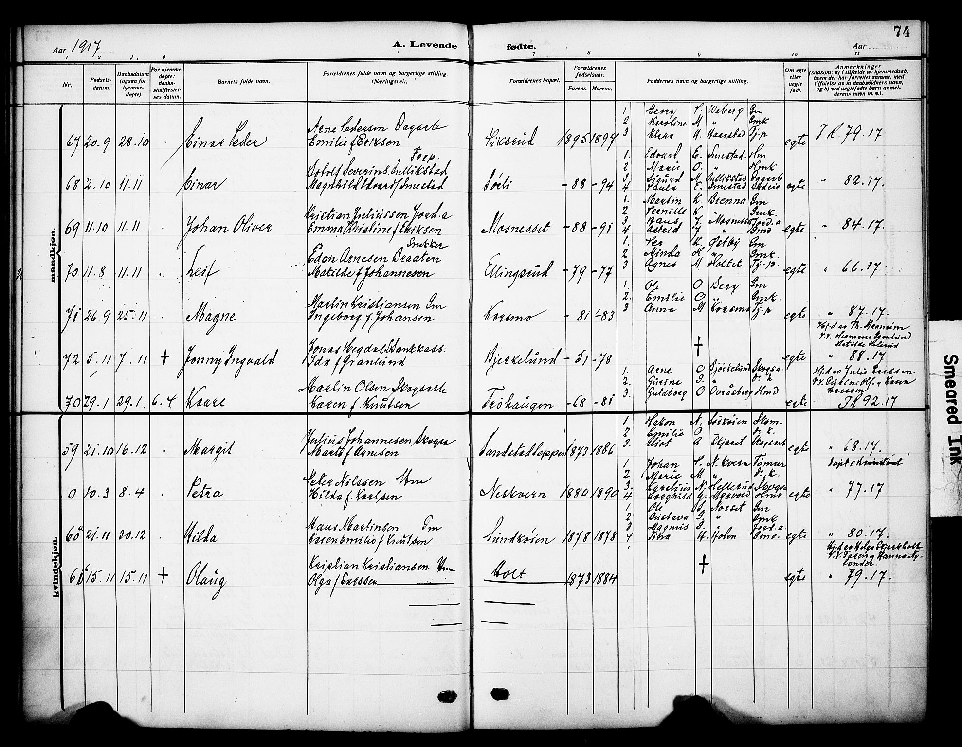 Grue prestekontor, AV/SAH-PREST-036/H/Ha/Haa/L0015: Parish register (official) no. 15, 1911-1922, p. 74