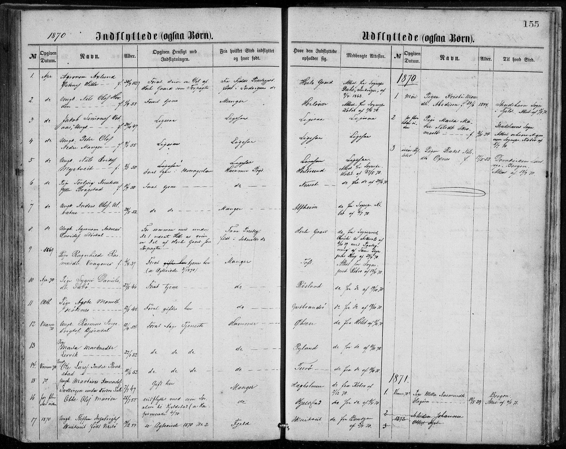 Herdla Sokneprestembete, SAB/A-75701/H/Haa: Parish register (official) no. A 2, 1869-1877, p. 155