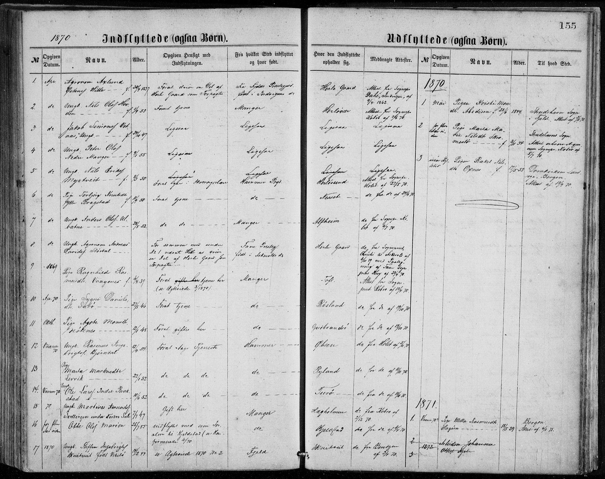 Herdla Sokneprestembete, AV/SAB-A-75701/H/Haa: Parish register (official) no. A 2, 1869-1877, p. 155