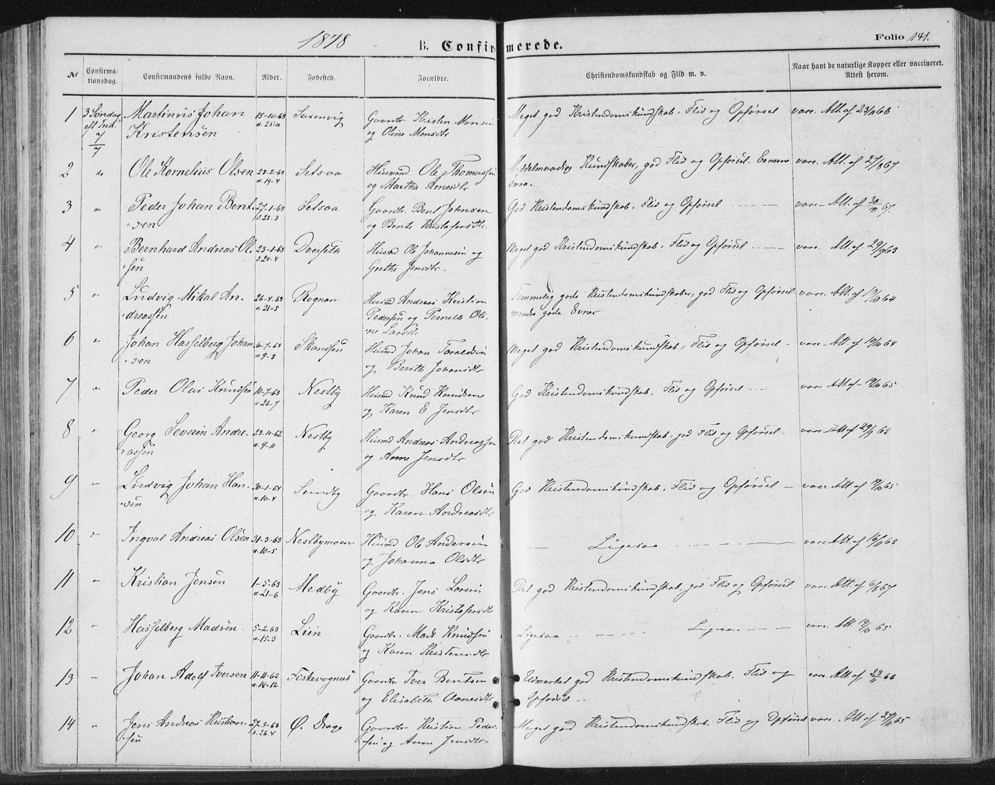 Ministerialprotokoller, klokkerbøker og fødselsregistre - Nordland, SAT/A-1459/847/L0668: Parish register (official) no. 847A08, 1872-1886, p. 141