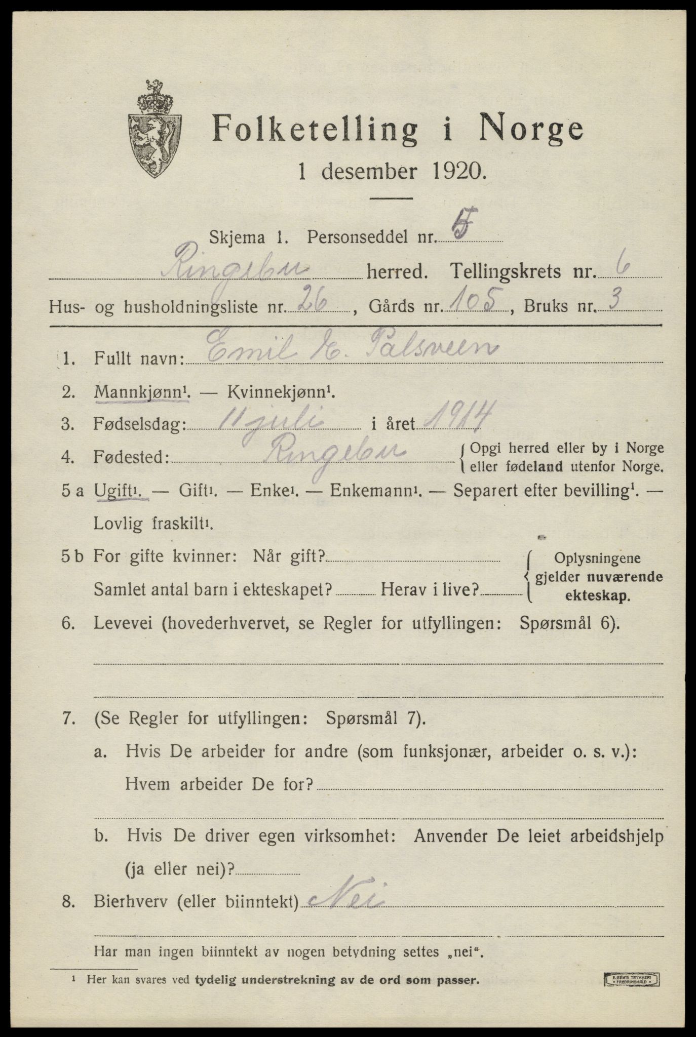 SAH, 1920 census for Ringebu, 1920, p. 7347