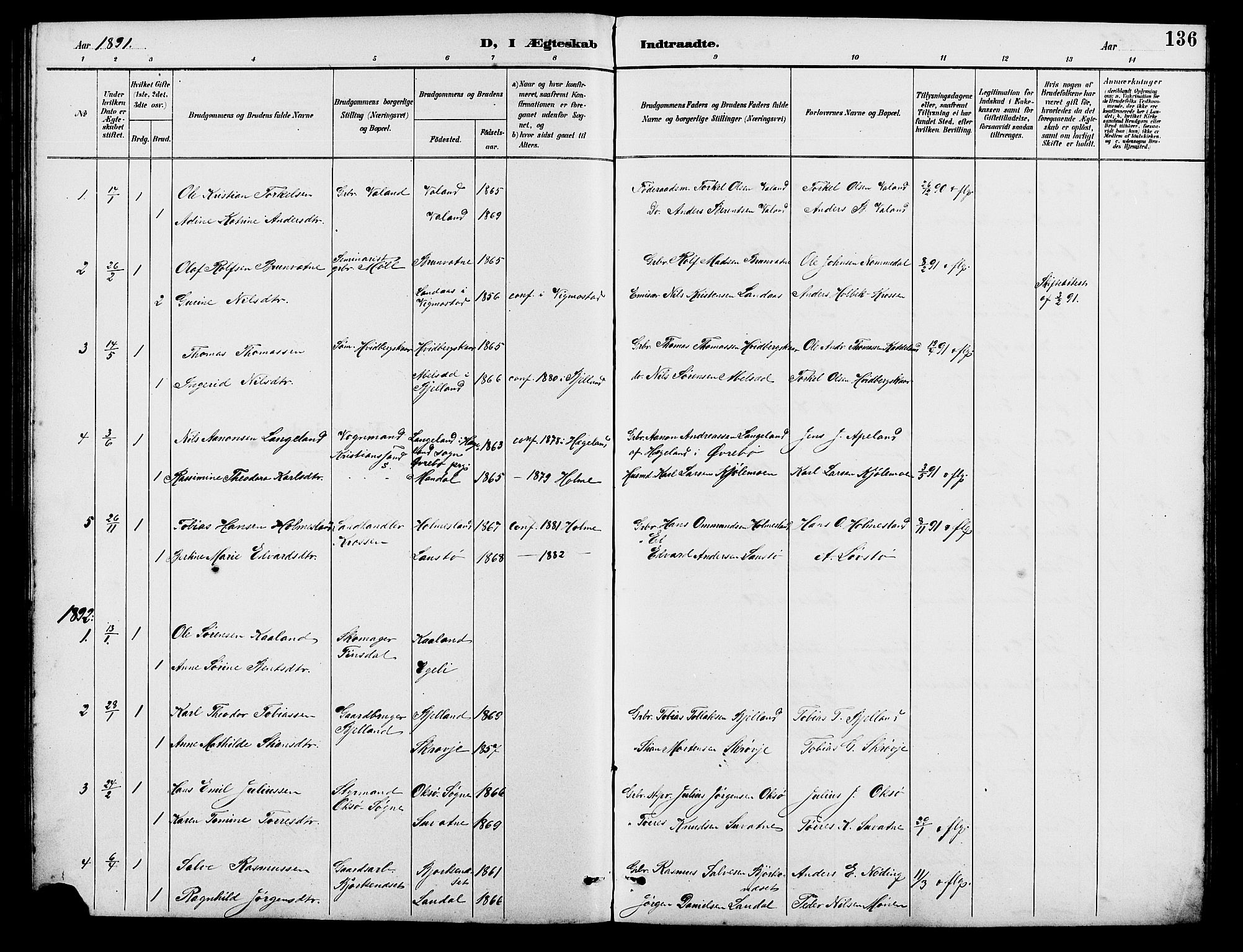 Holum sokneprestkontor, SAK/1111-0022/F/Fb/Fba/L0005: Parish register (copy) no. B 5, 1891-1909, p. 136