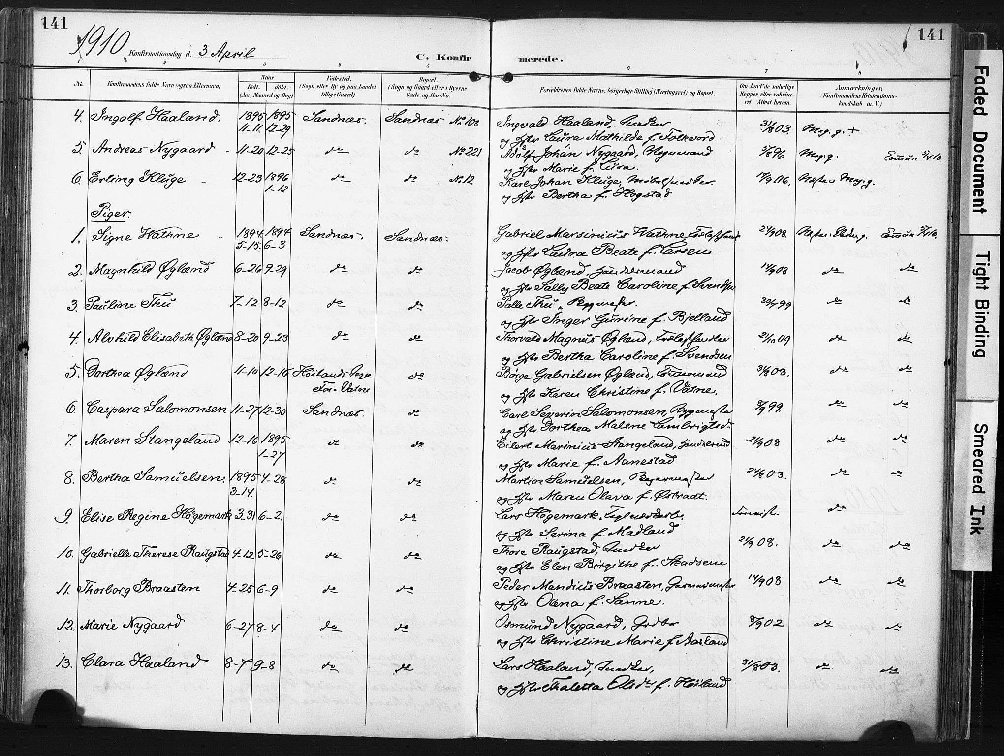 Høyland sokneprestkontor, SAST/A-101799/001/30BA/L0016: Parish register (official) no. A 16, 1899-1911, p. 141