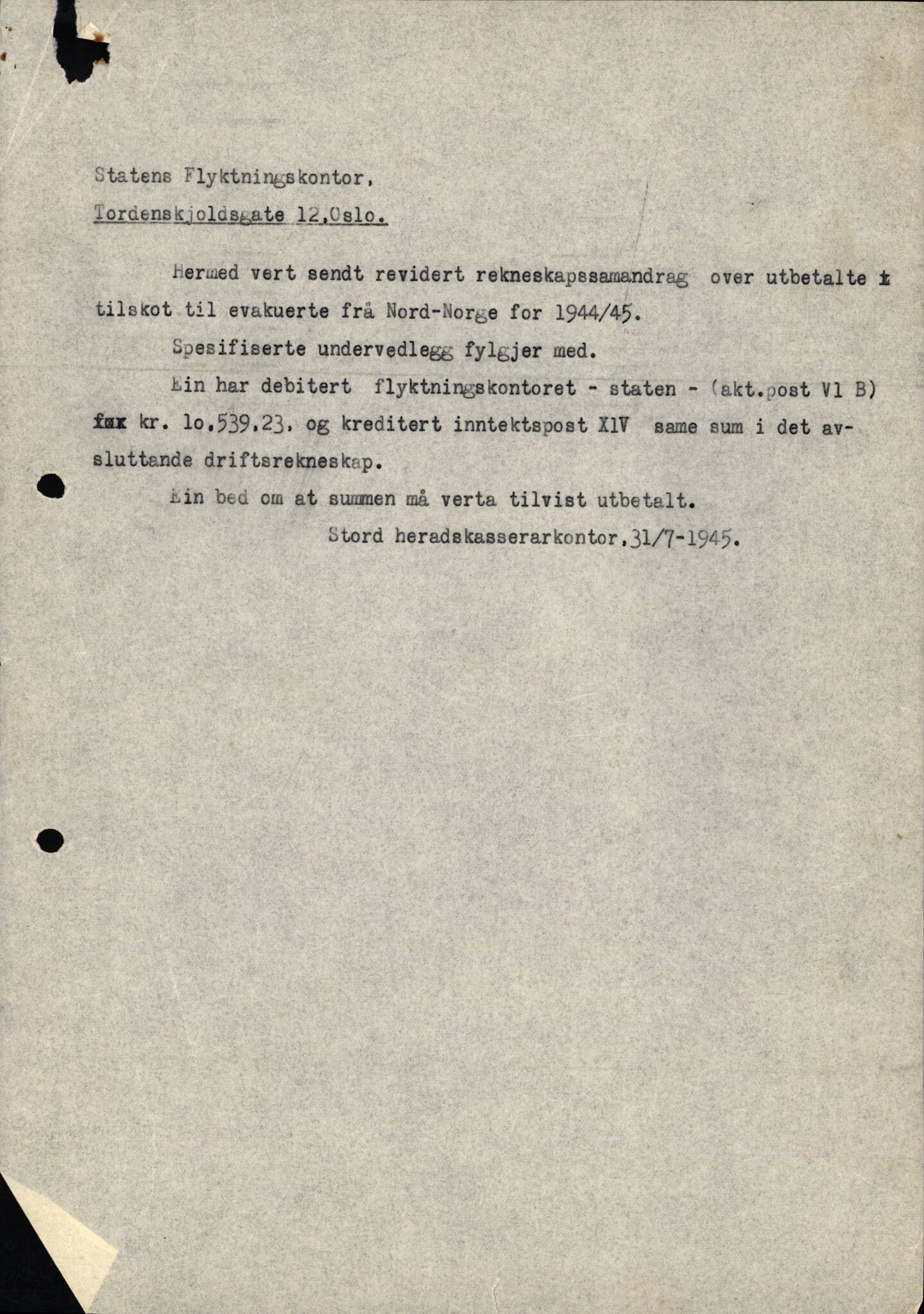 Stord kommune. Formannskapet, IKAH/1221-021/E/Ea/L0003/0007: Emneordna korrespondanse / Stønad til evakuerte , 1945-1946, p. 5