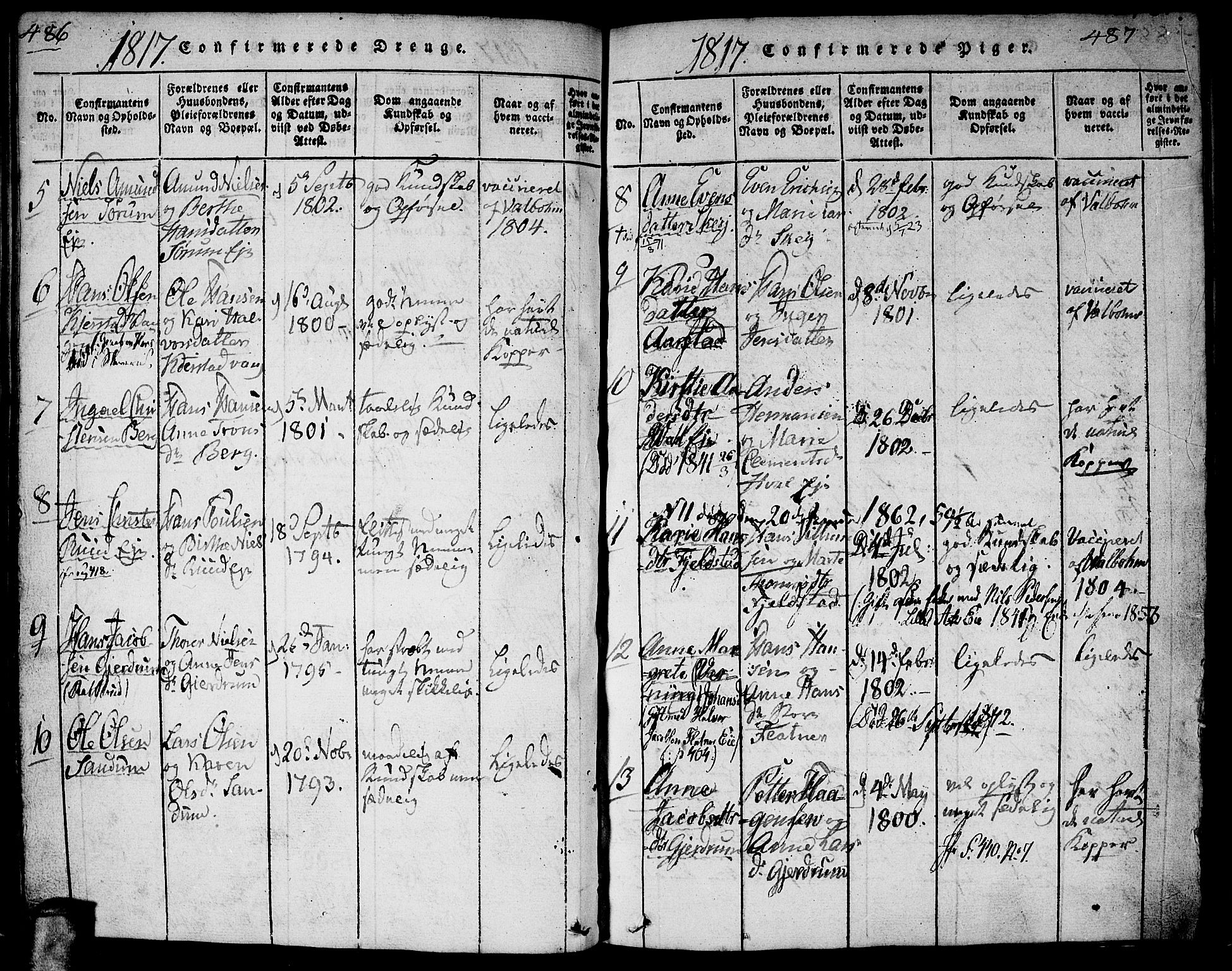 Gjerdrum prestekontor Kirkebøker, AV/SAO-A-10412b/G/Ga/L0001: Parish register (copy) no. I 1, 1816-1837, p. 486-487