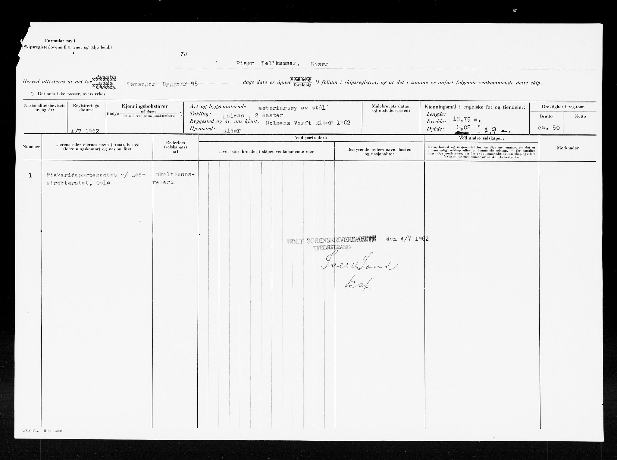 Risør tollsted, AV/SAK-1351-0010/H/Ha/L0321: Skip, 1825-1972, p. 286