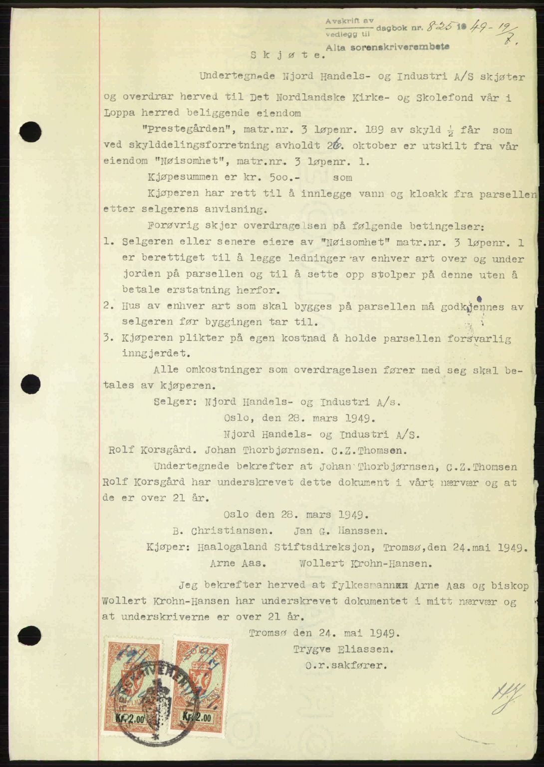 Alta fogderi/sorenskriveri, SATØ/SATØ-5/1/K/Kd/L0038pantebok: Mortgage book no. 41-42, 1949-1950, Diary no: : 825/1949