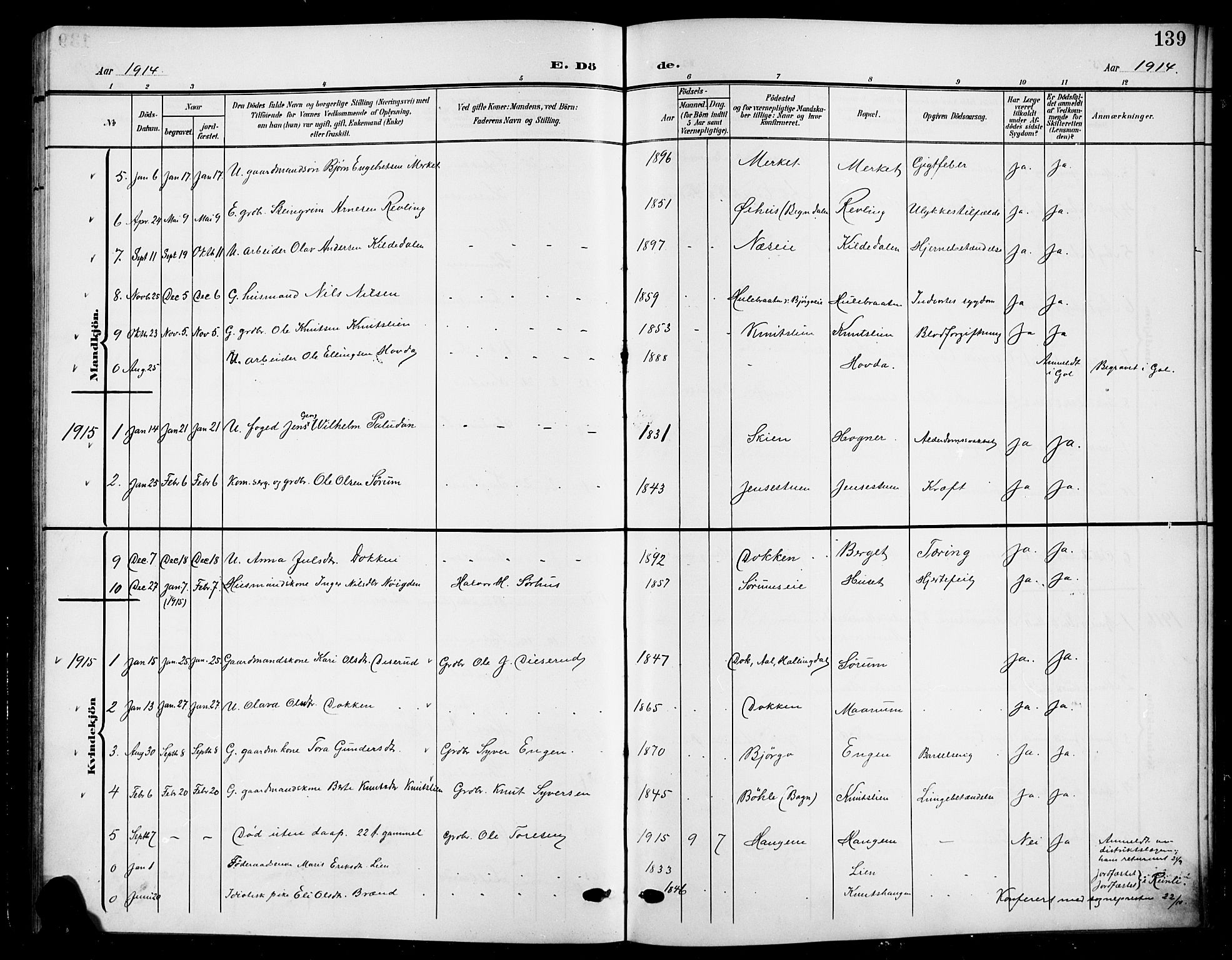 Nord-Aurdal prestekontor, SAH/PREST-132/H/Ha/Hab/L0012: Parish register (copy) no. 12, 1907-1920, p. 139