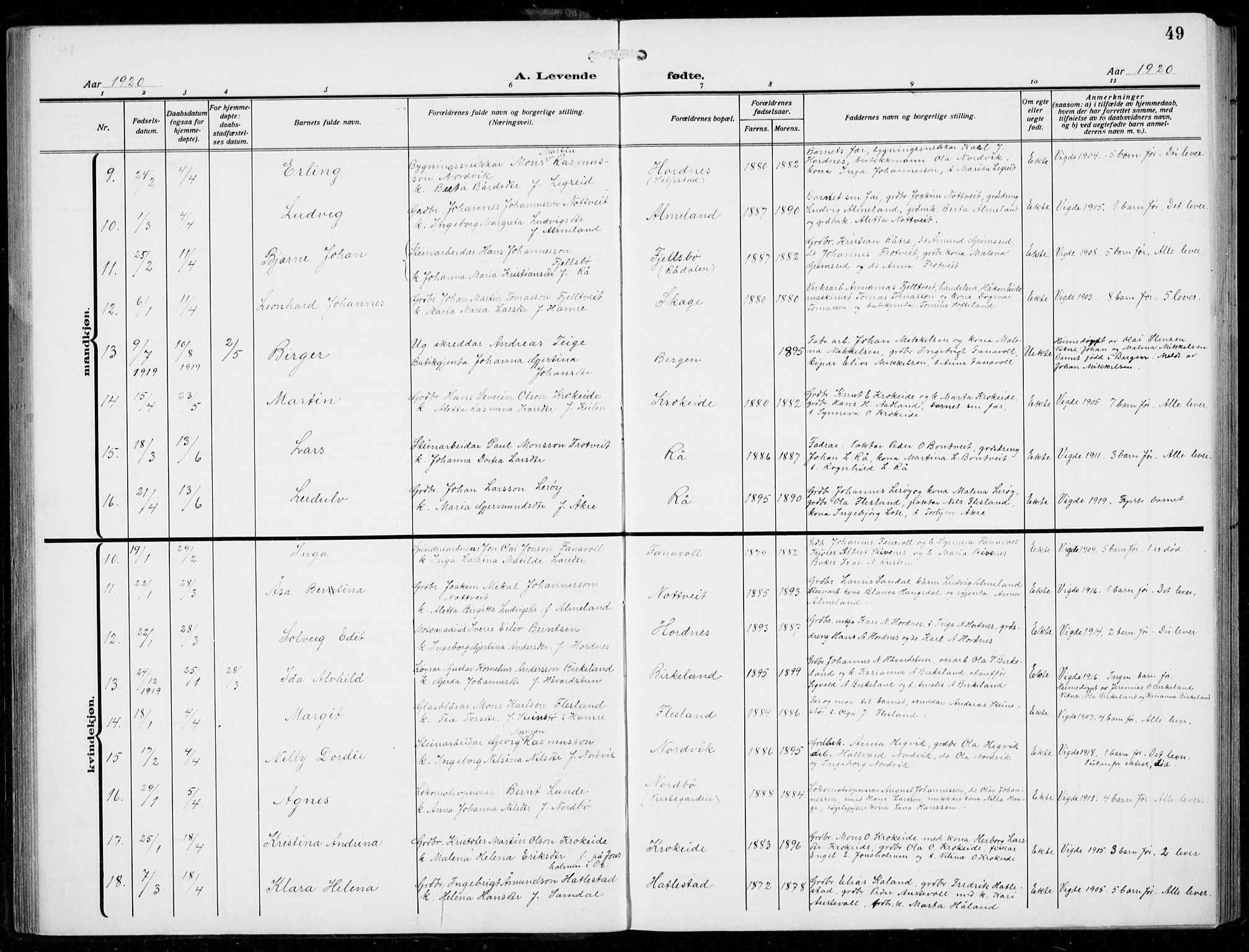 Fana Sokneprestembete, AV/SAB-A-75101/H/Hab/Haba/L0005: Parish register (copy) no. A 5, 1911-1932, p. 49